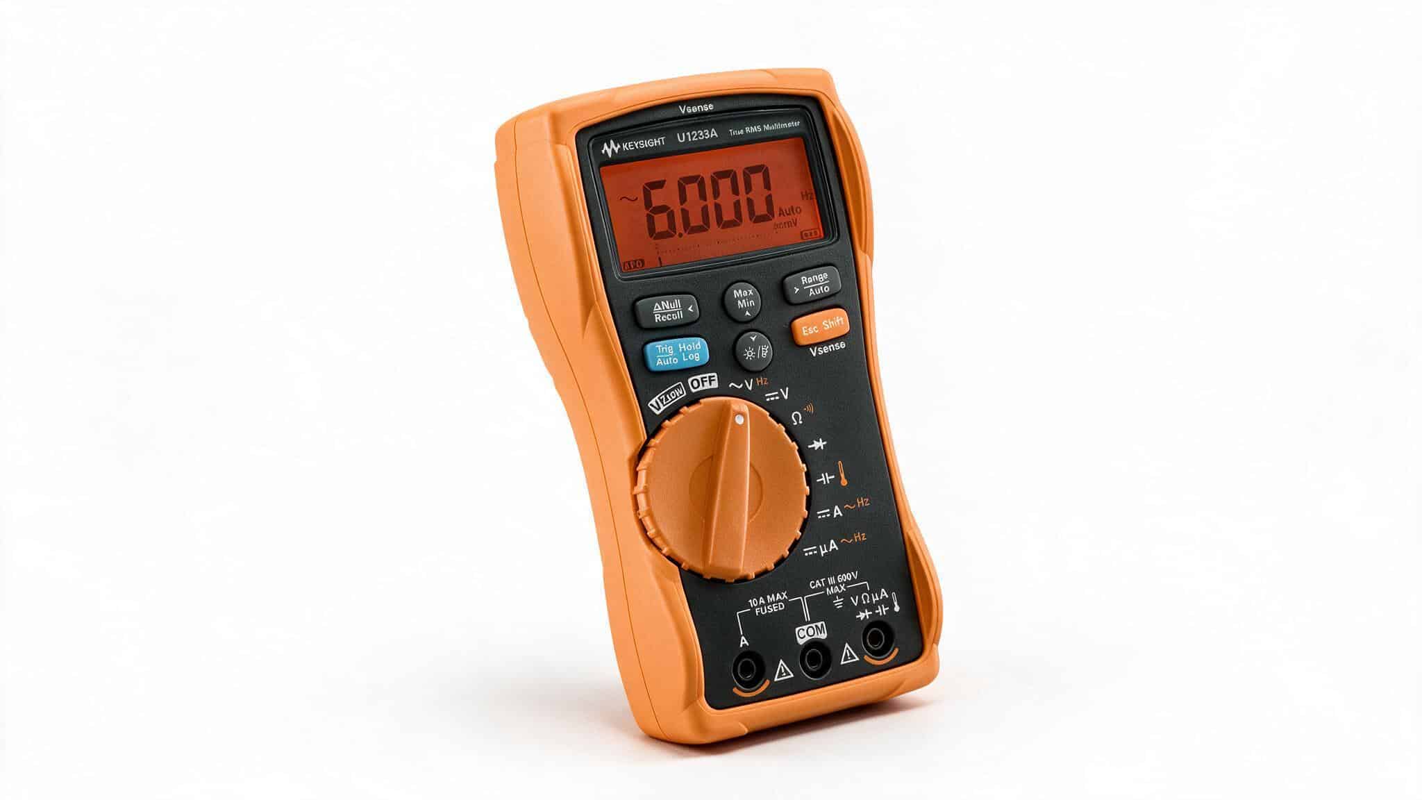 Đồng hồ vạn năng cầm tay Keysight U1233A góc nghiêng trên nền trắng studio