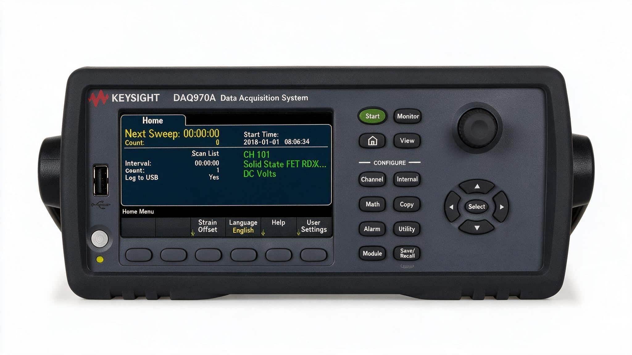 Hệ thu thập dữ liệu Keysight DAQ970A góc nghiêng trên nền trắng studio