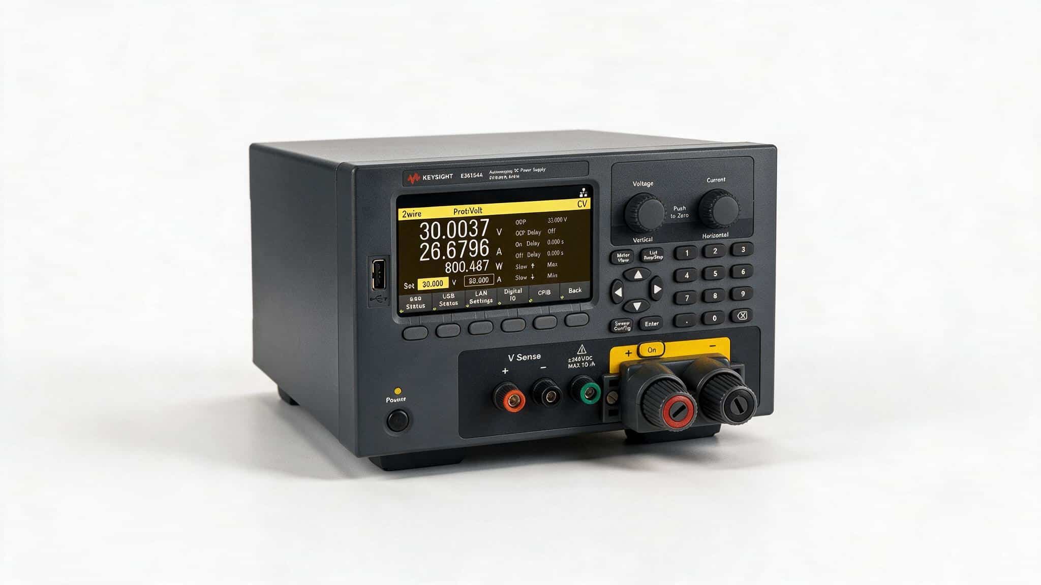 Bộ nguồn DC Keysight E36154A góc nghiêng trên nền trắng studio