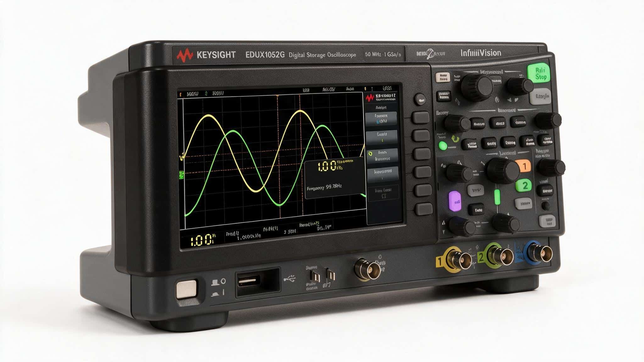 Máy hiện sóng Keysight EDUX1052G góc nghiêng trên nền trắng studio