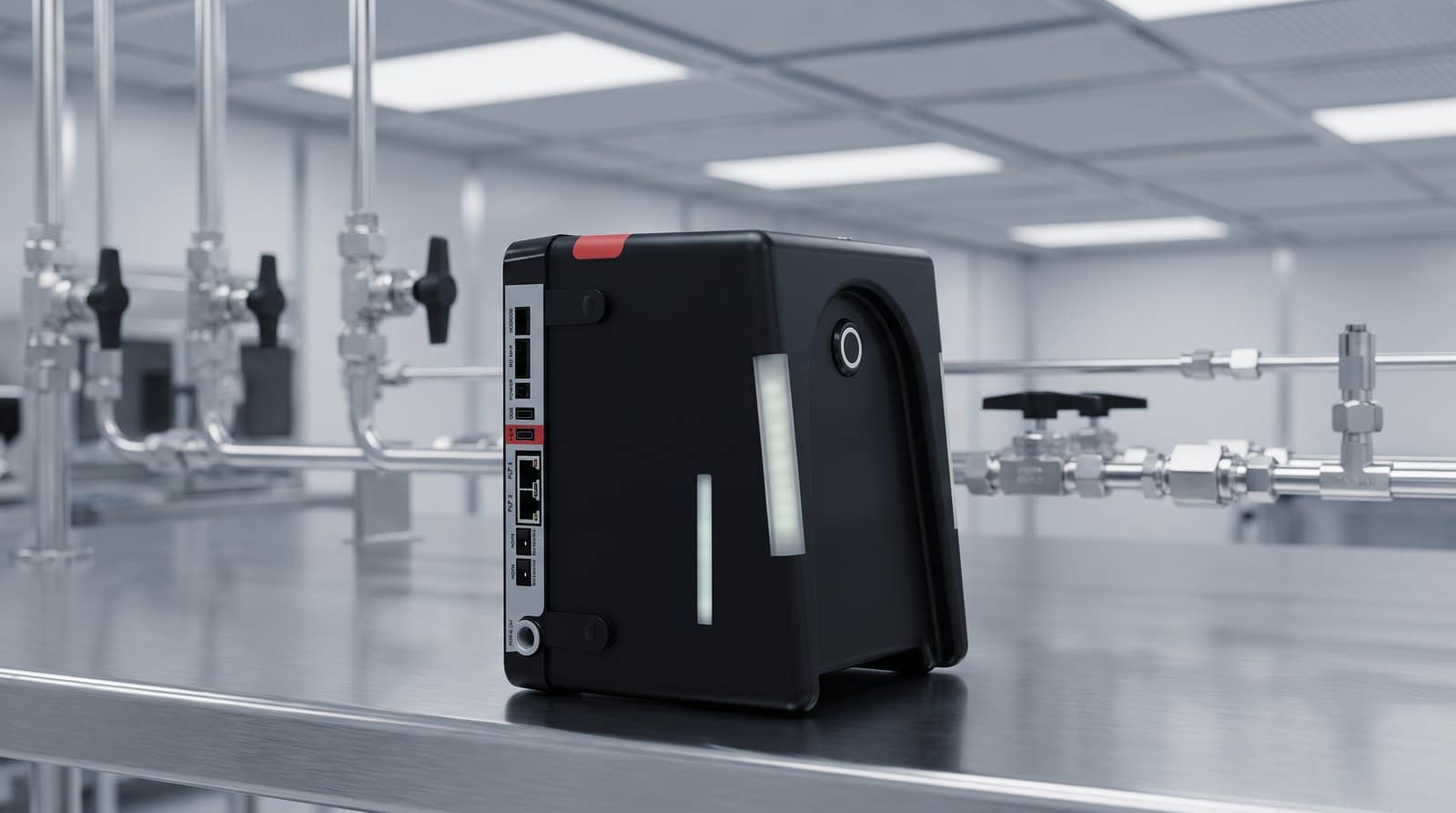 Máy đếm hạt tiểu phân khí nano PMS NanoAir 10 đặt trên bàn thép không gỉ trong khu giám sát khí siêu tinh khiết nhà máy bán dẫn