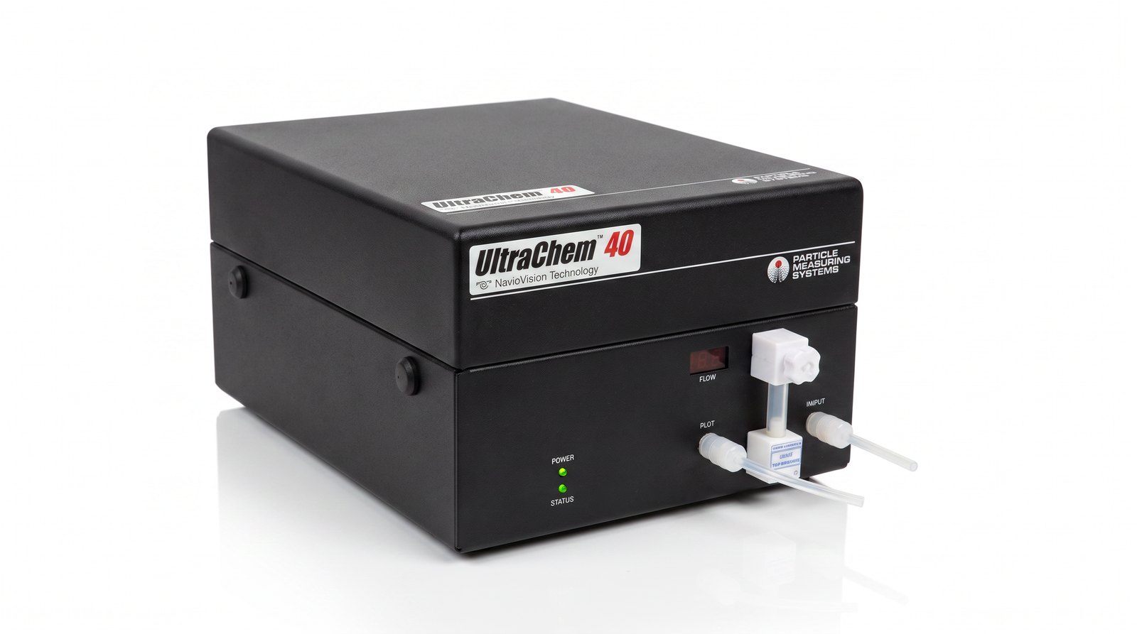 Máy đếm hạt hoá chất PMS UltraChem 40 nhìn ba phần tư trên nền trắng — thân đen, nhãn UltraChem 40 và van lấy mẫu nhựa trắng