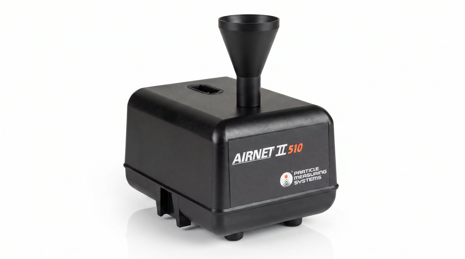 Cảm biến đếm hạt PMS Airnet II 510 nhìn ba phần tư trên nền trắng — thân đen, phễu lấy mẫu hình nón trên đỉnh và nhãn AIRNET II 510