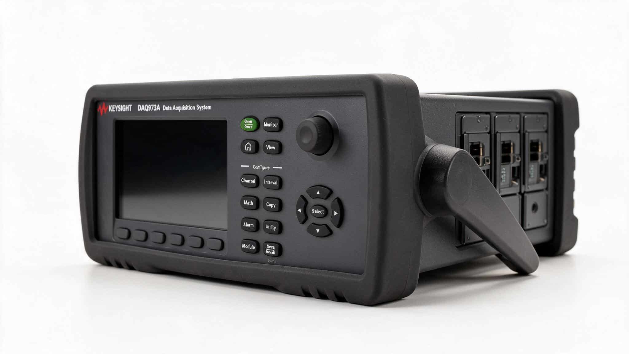 Hệ thu thập dữ liệu Keysight DAQ973A góc nghiêng thấy 3 khe module phía sau