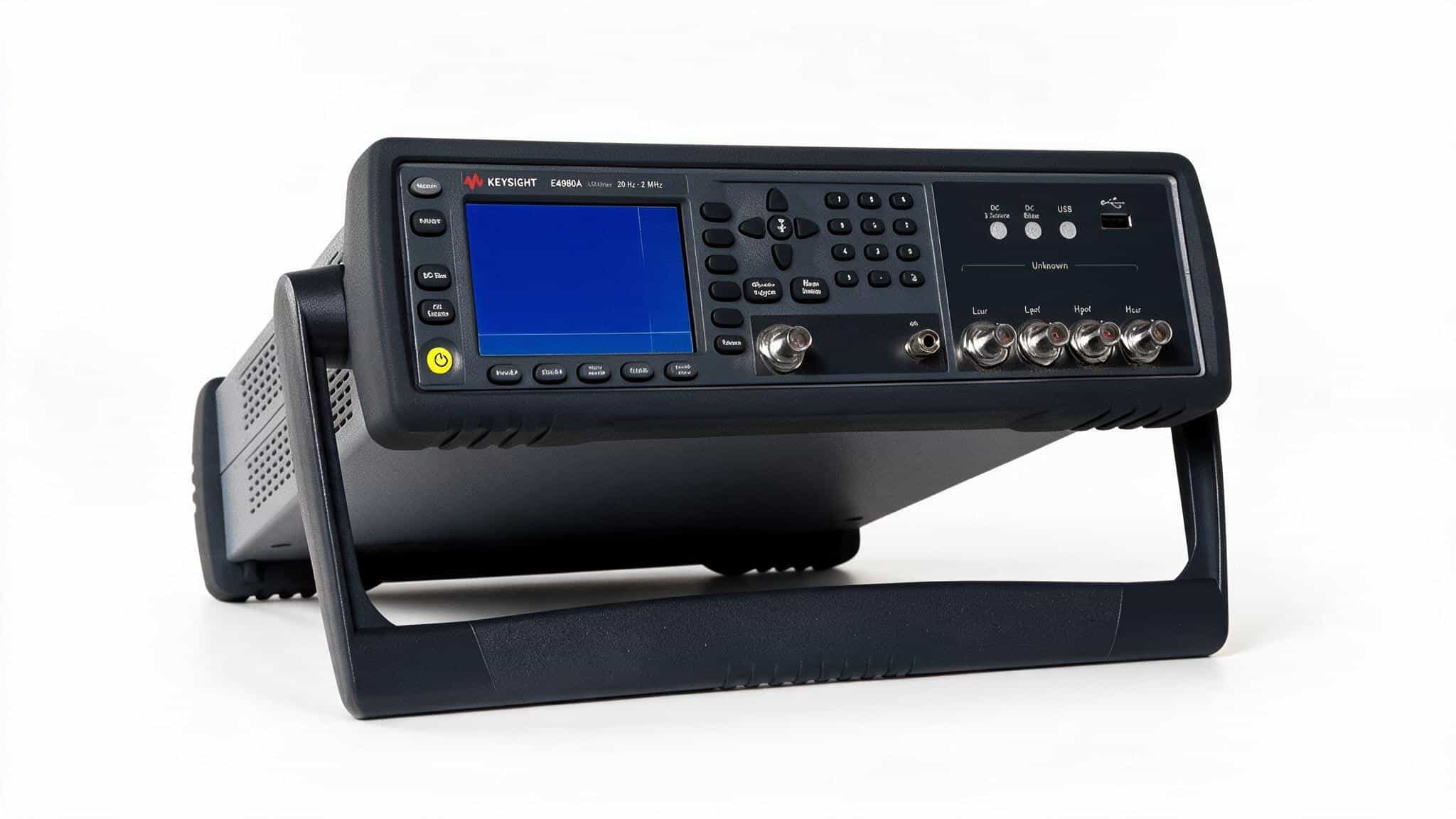 Máy đo LCR Keysight E4980A góc nghiêng có chân đế gập trên nền trắng studio