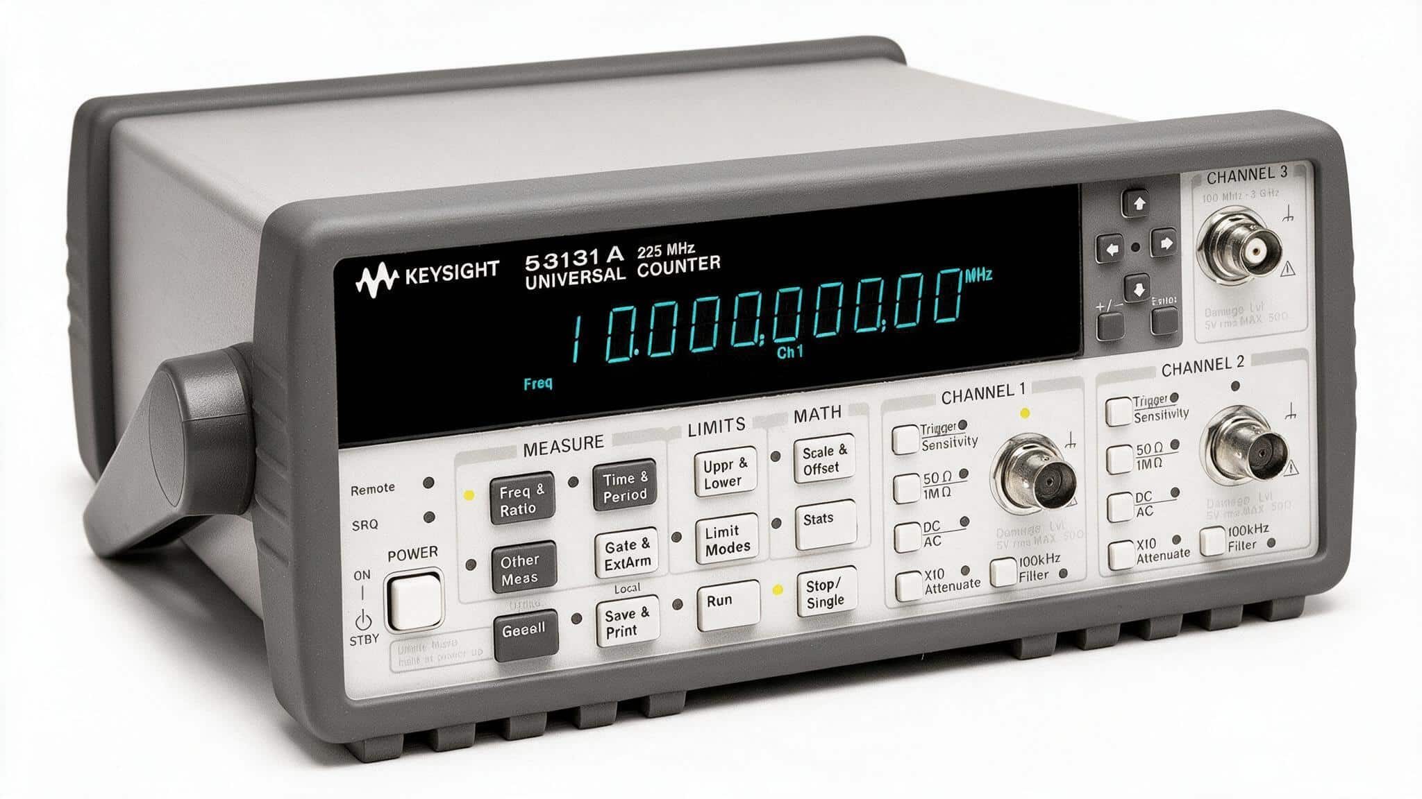 Máy đếm tần số Keysight 53131A 225 MHz universal counter mặt trước màn hình LED hai kênh BNC