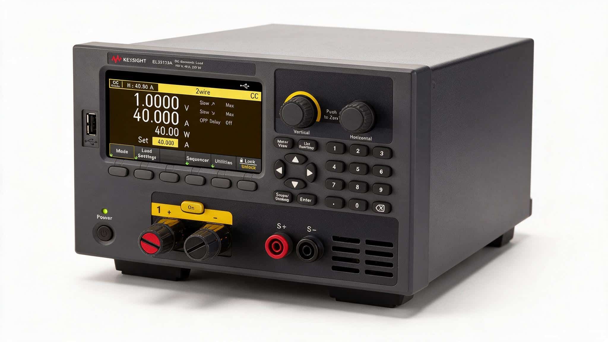 Tải điện tử DC Keysight EL33133A góc nghiêng trên nền trắng studio thấy khe tản nhiệt bên hông