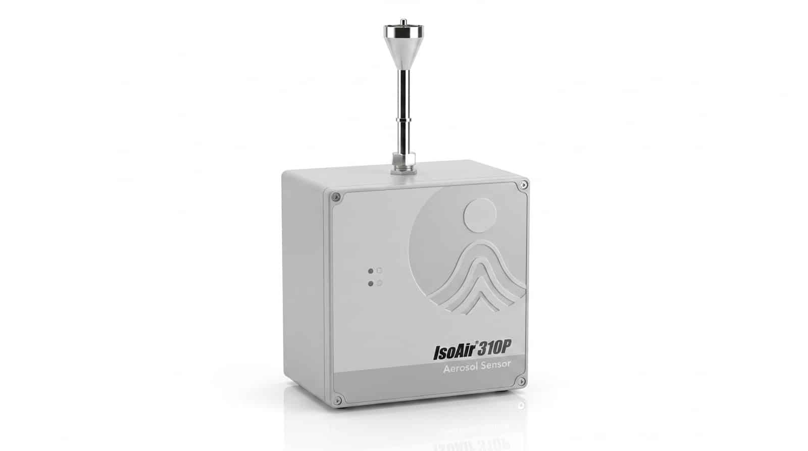 Cảm biến đếm hạt từ xa PMS IsoAir 310P trên nền trắng — vỏ xám, đầu lấy mẫu hình nón mạ crôm và nhãn IsoAir 310P Aerosol Sensor