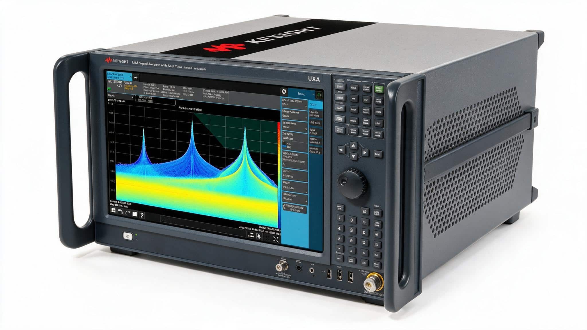Máy phân tích tín hiệu UXA Keysight N9040B góc nghiêng trên nền trắng studio thấy tay xách và cổng RF