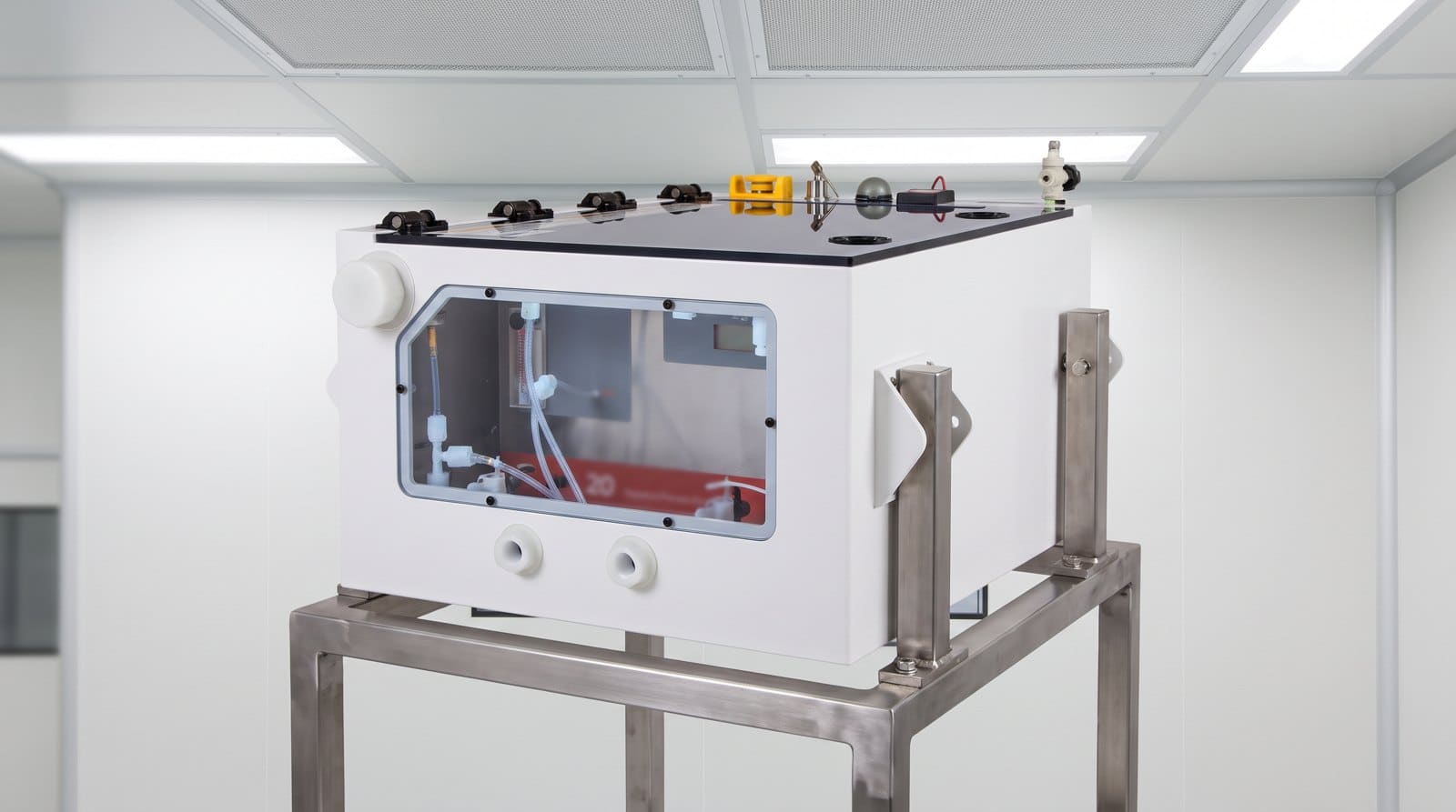 Tủ cảm biến đếm hạt an toàn PMS Particle Sensor Safety Cabinet lắp trên khung thép tại điểm giám sát trong phòng sạch dược