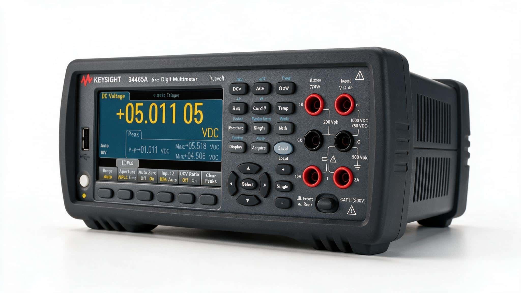 Đồng hồ vạn năng Keysight 34465A góc nghiêng trên nền trắng studio thấy cọc đo và cổng sau