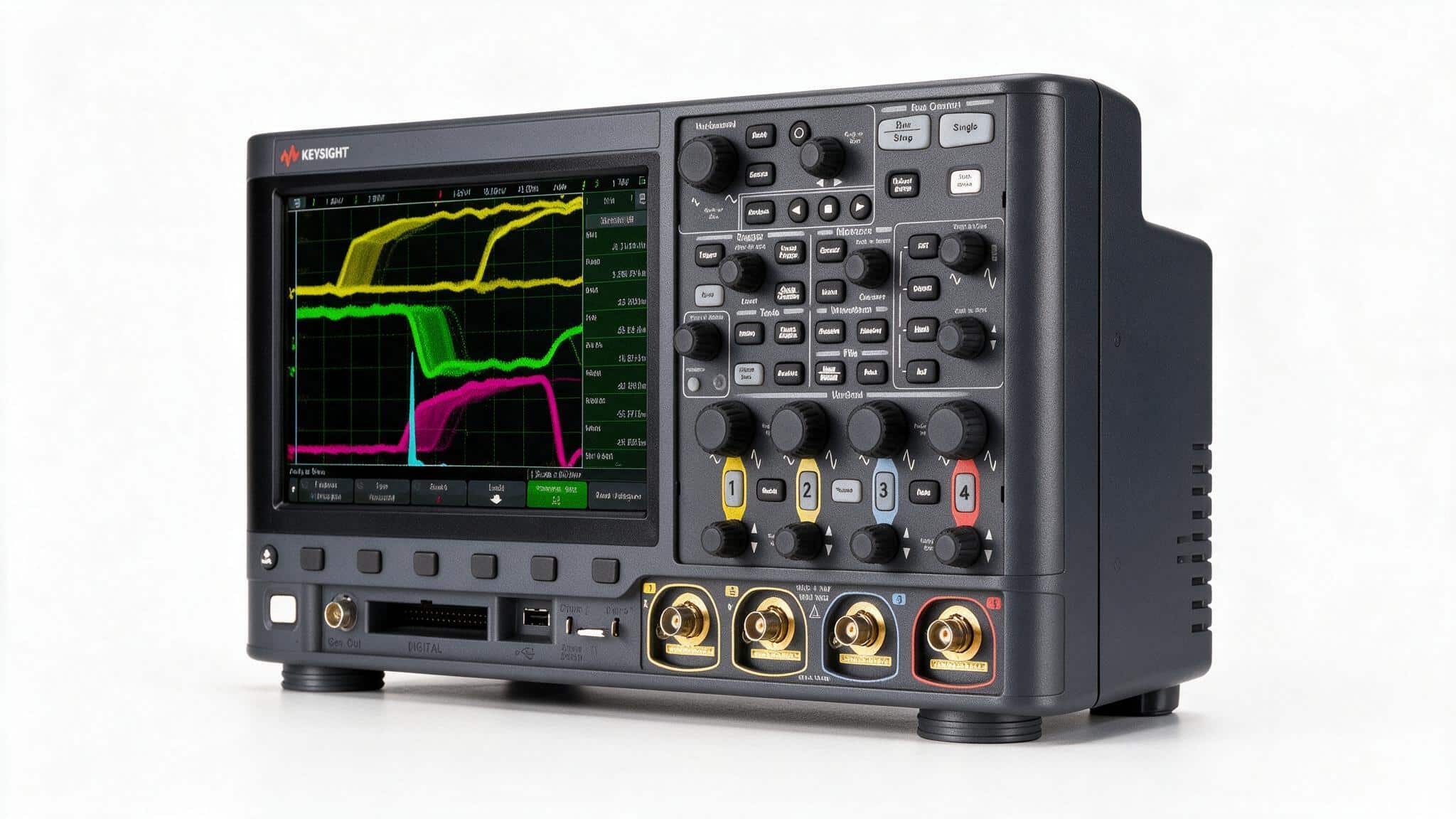 Máy hiện sóng Keysight DSOX3024G góc nghiêng trên nền trắng studio thấy núm điều chỉnh và cổng đầu đo