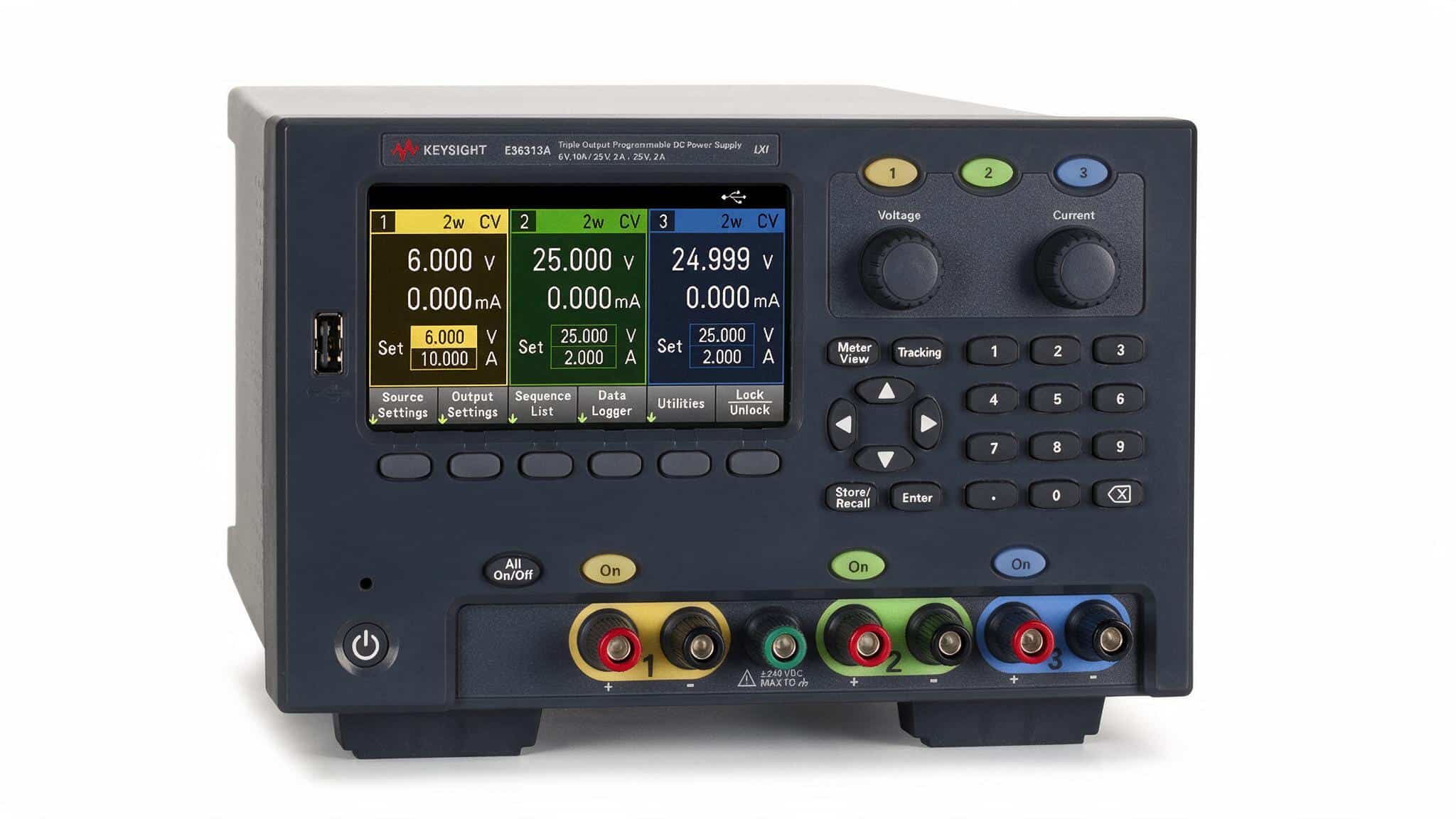 Bộ nguồn DC 3 ngõ ra Keysight E36313A 160 W mặt trước màn hình hiển thị V và I