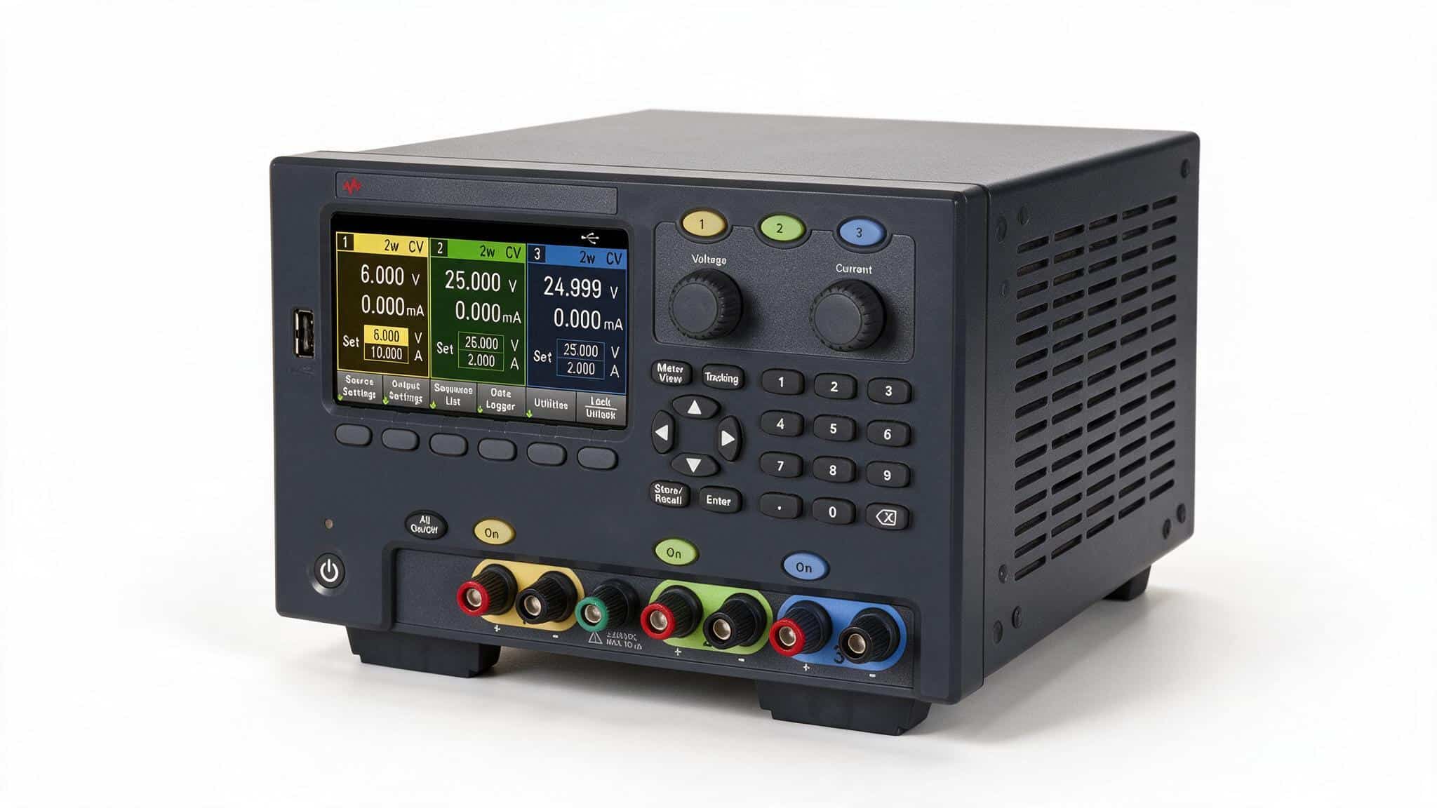 Bộ nguồn DC 3 ngõ ra Keysight E36313A góc nghiêng trên nền trắng studio thấy cổng sau
