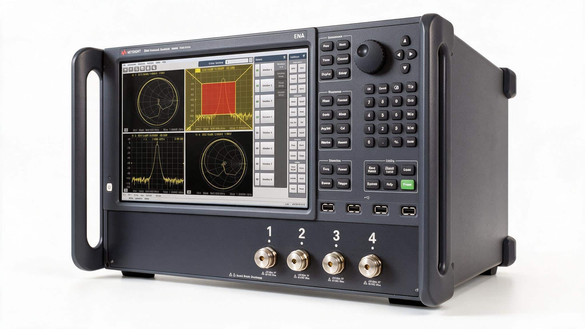 Máy phân tích mạng ENA Keysight E5080B góc nghiêng trên nền trắng studio thấy cổng đo RF