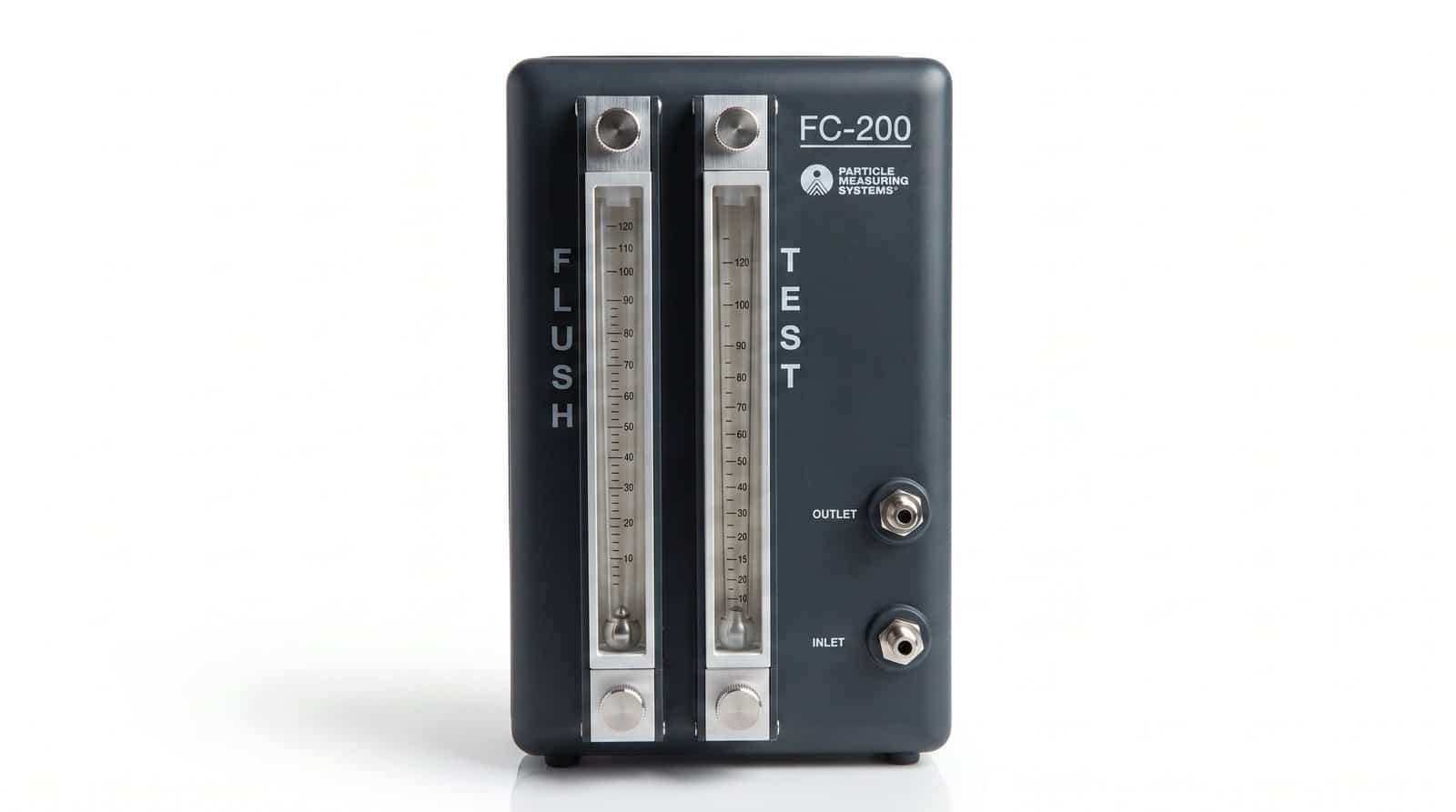 Bộ điều khiển lưu lượng nước siêu tinh khiết PMS FC-200 trên nền trắng — hai ống lưu lượng kế FLUSH và TEST, cổng INLET và OUTLET