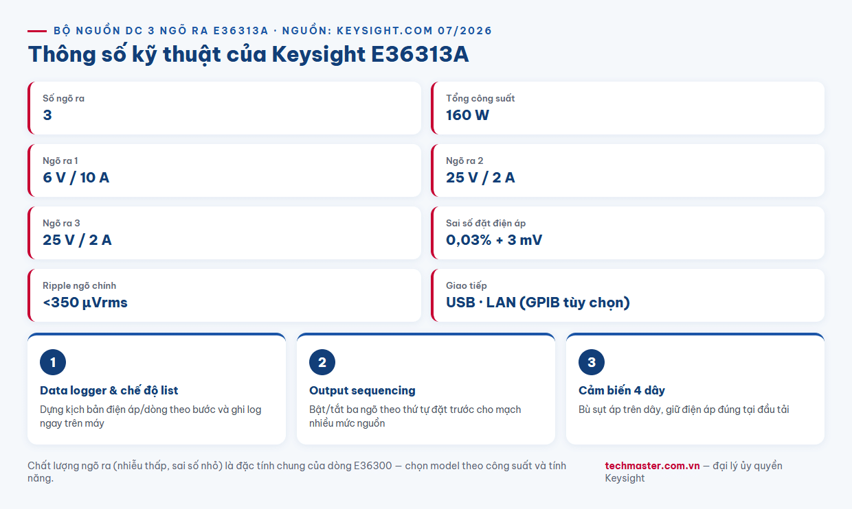 Infographic thông số kỹ thuật bộ nguồn DC 3 ngõ ra Keysight E36313A 160 W 6V 10A độ chính xác cao