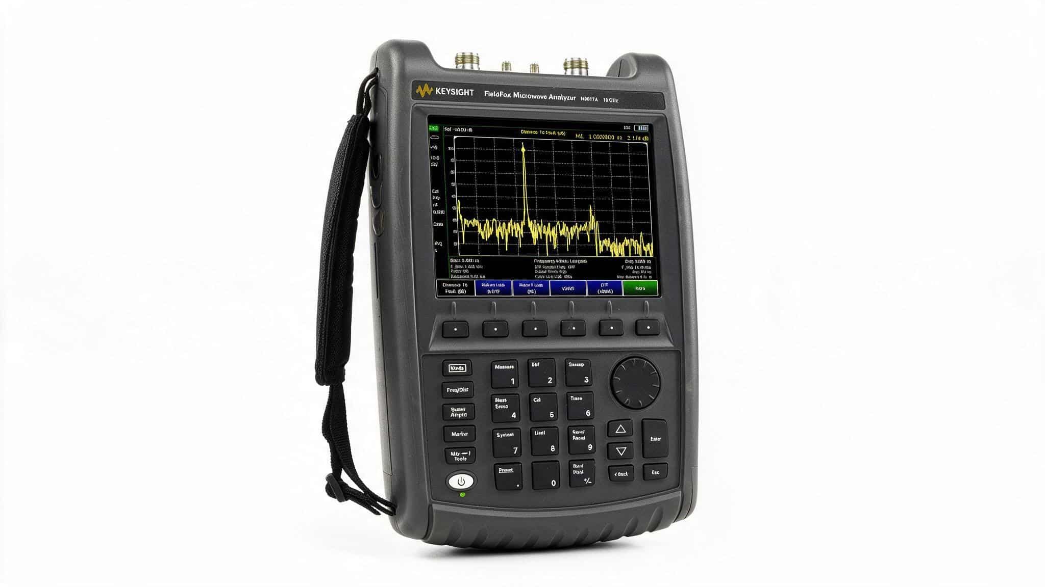 Máy phân tích phổ cầm tay Keysight N9917A FieldFox góc nghiêng trên nền trắng studio thấy cổng RF và bàn phím