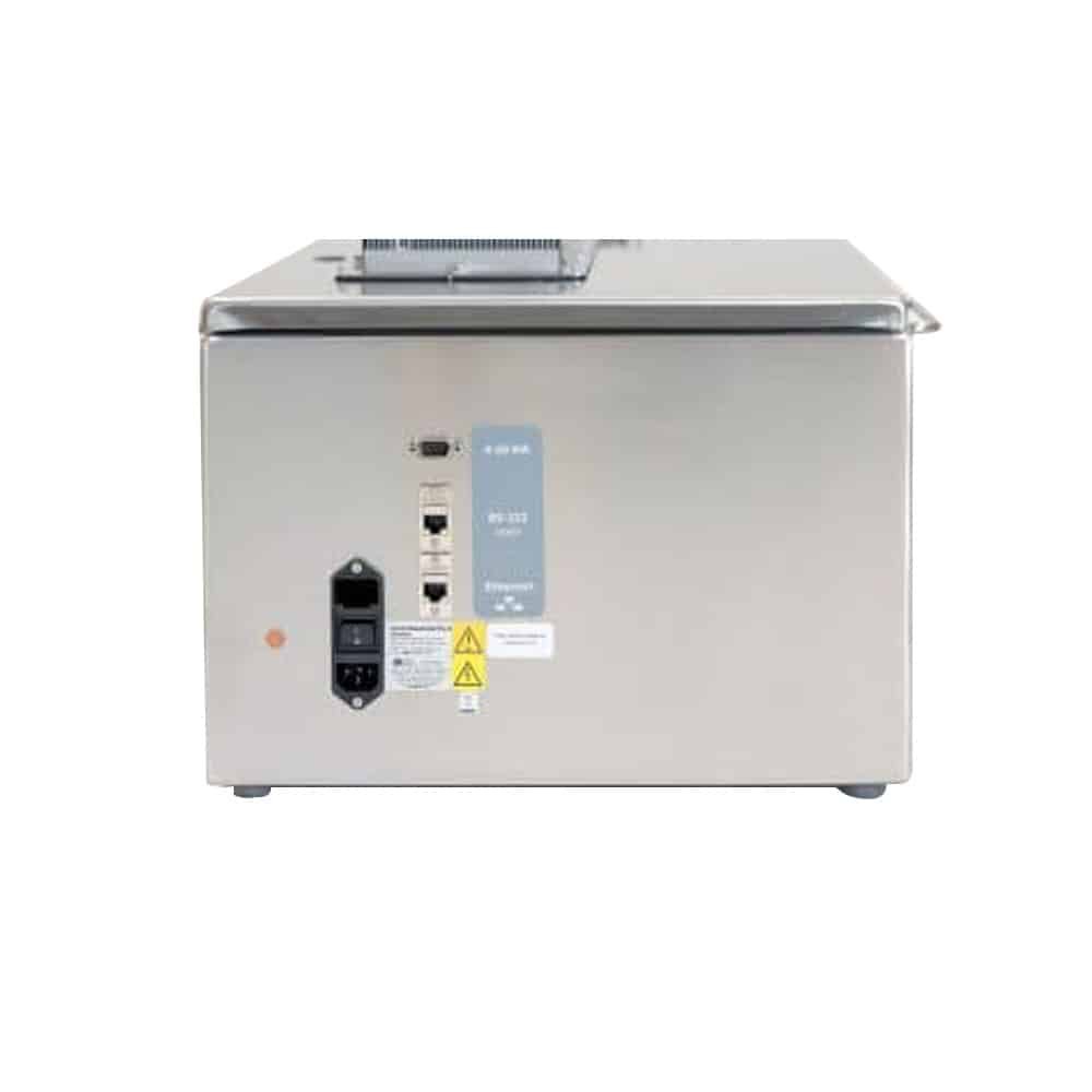 Mặt sau máy đếm hạt dung dịch PMS Ultra DI 20 Plus — vỏ thép không gỉ với cổng Ethernet, RS-232 và đầu cấp nguồn