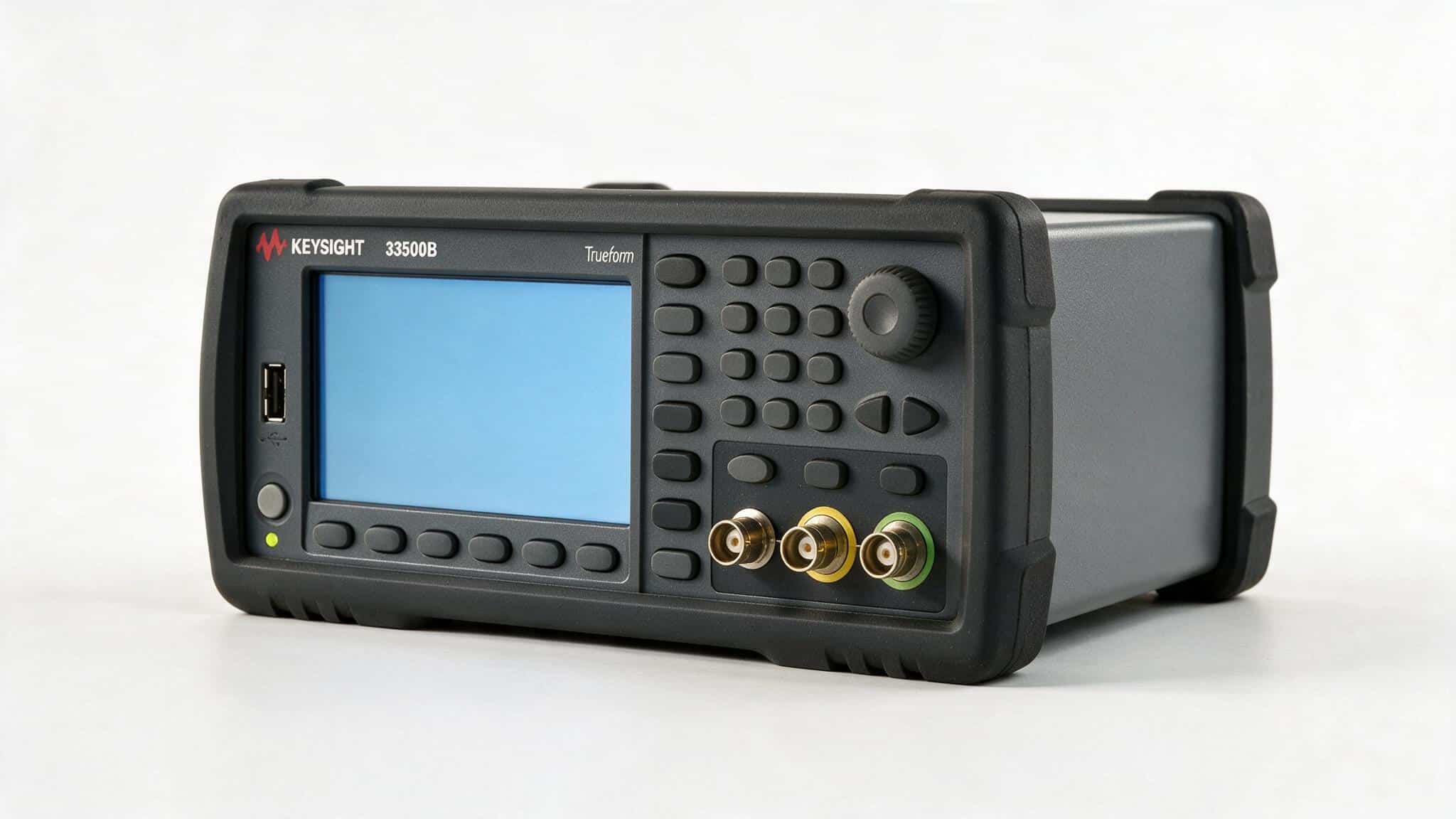 Máy phát hàm Trueform Keysight 33500B góc nghiêng nền trắng studio thấy bàn phím số