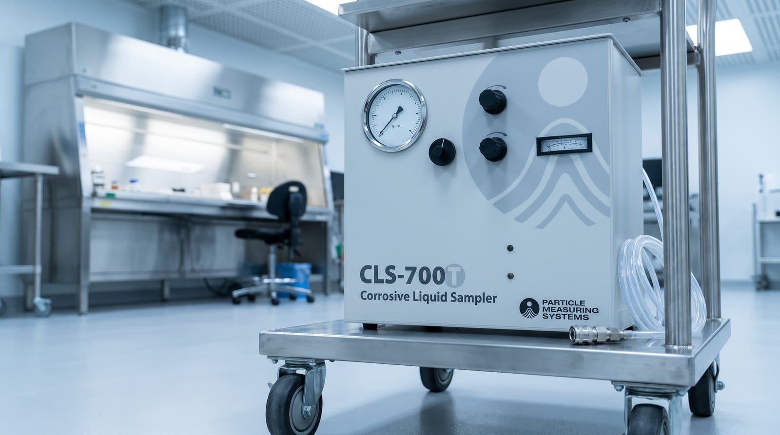 PMS CLS 700T đặt trên xe đẩy thép không gỉ có bánh xe, ống PFA cuộn gọn bên cạnh, phía sau là tủ hút hoá chất trong phòng sạch