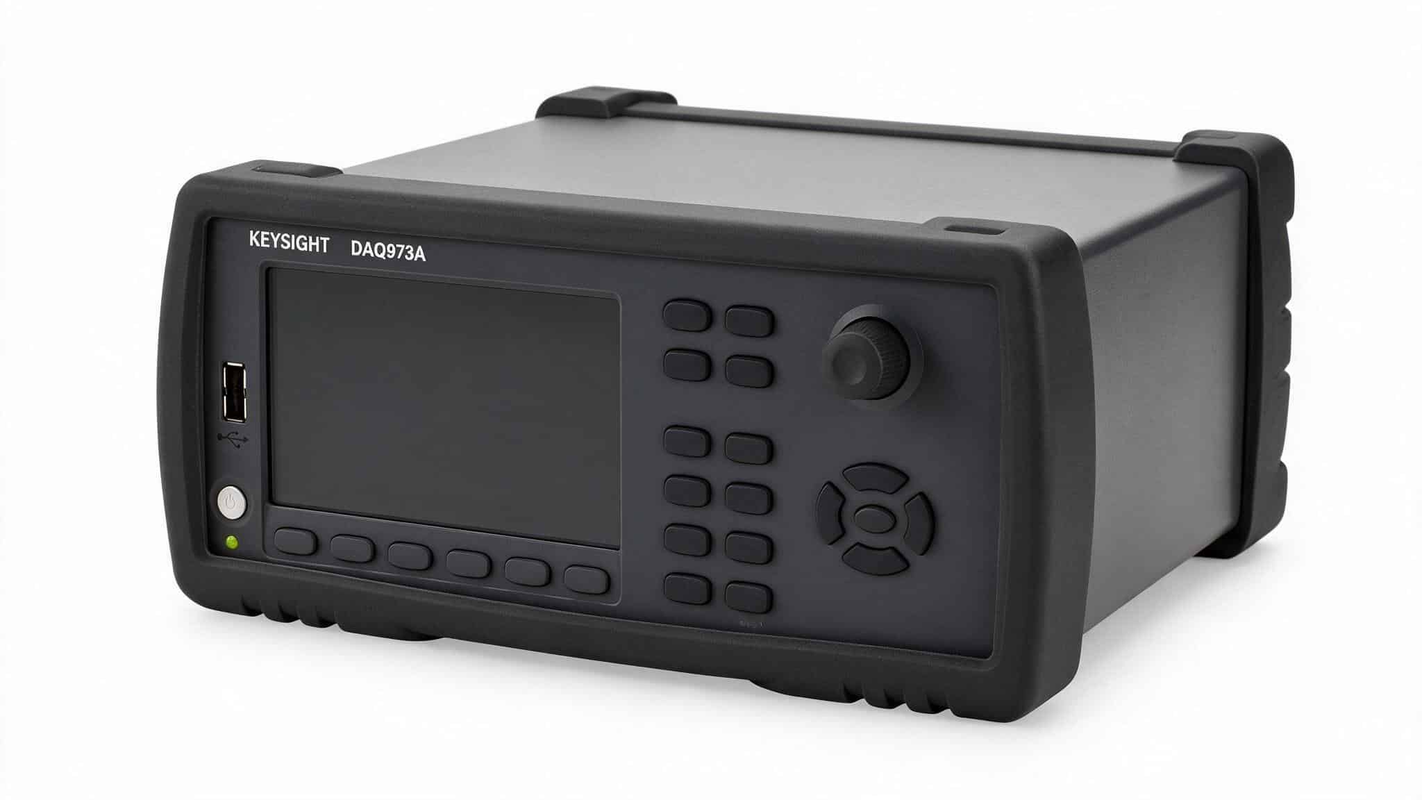 Hệ thu thập dữ liệu Keysight DAQ973A góc nghiêng nền trắng studio thấy khung máy ba khe
