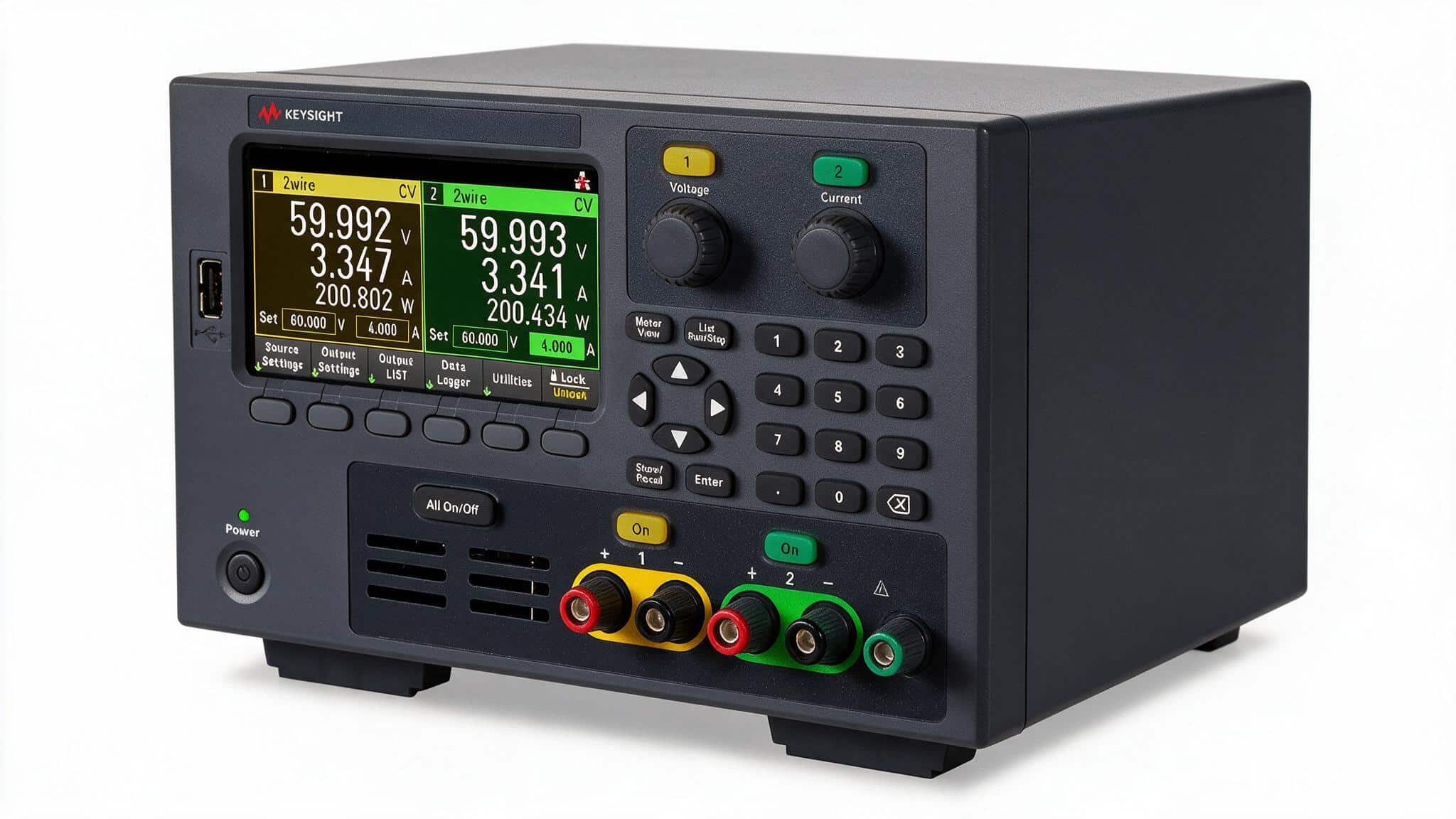 Bộ nguồn DC Keysight E36234A góc nghiêng nền trắng studio thấy cọc nối ngõ ra