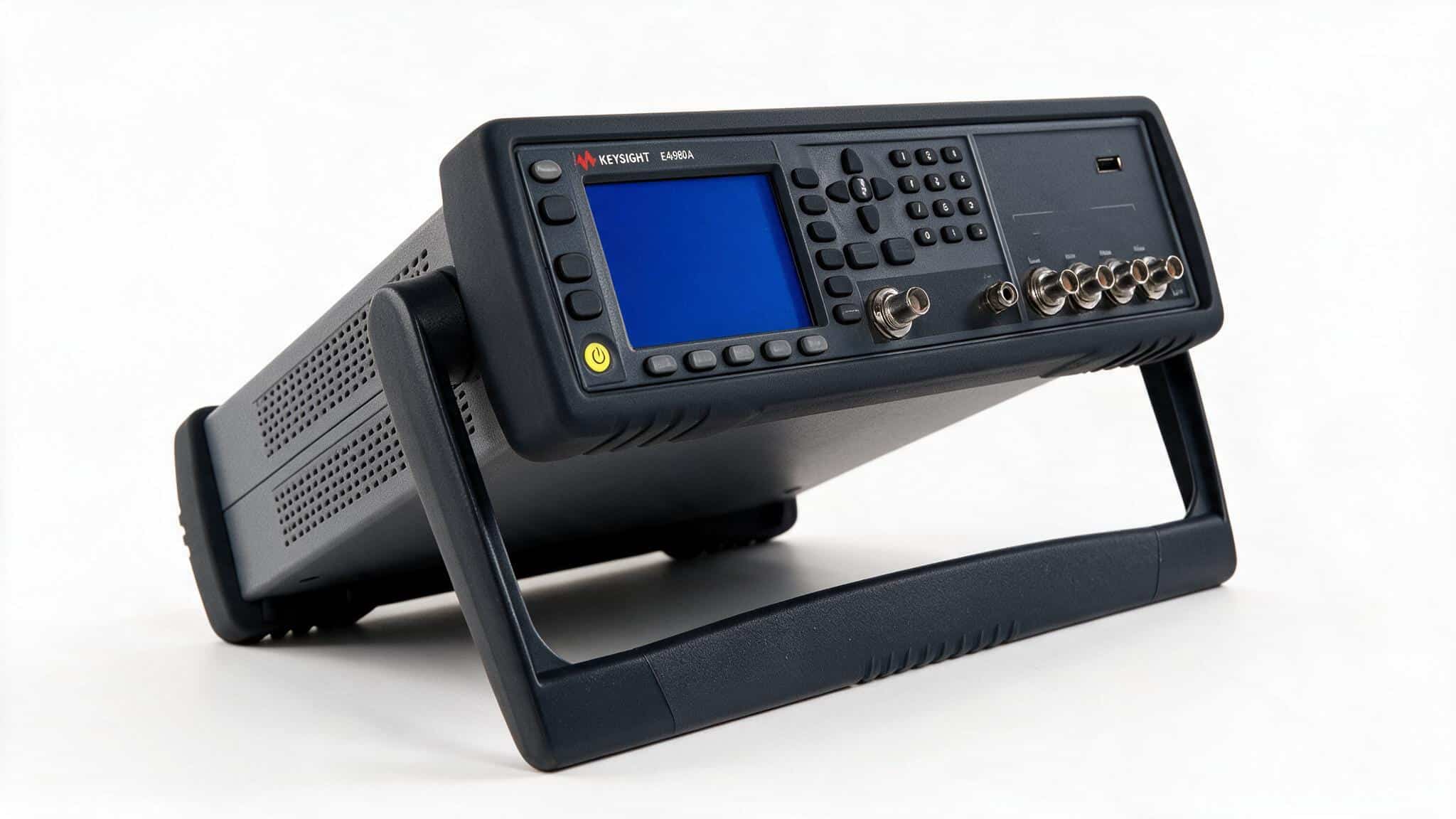 Máy đo LCR Keysight E4980A góc nghiêng nền trắng studio thấy bốn đầu nối BNC đo