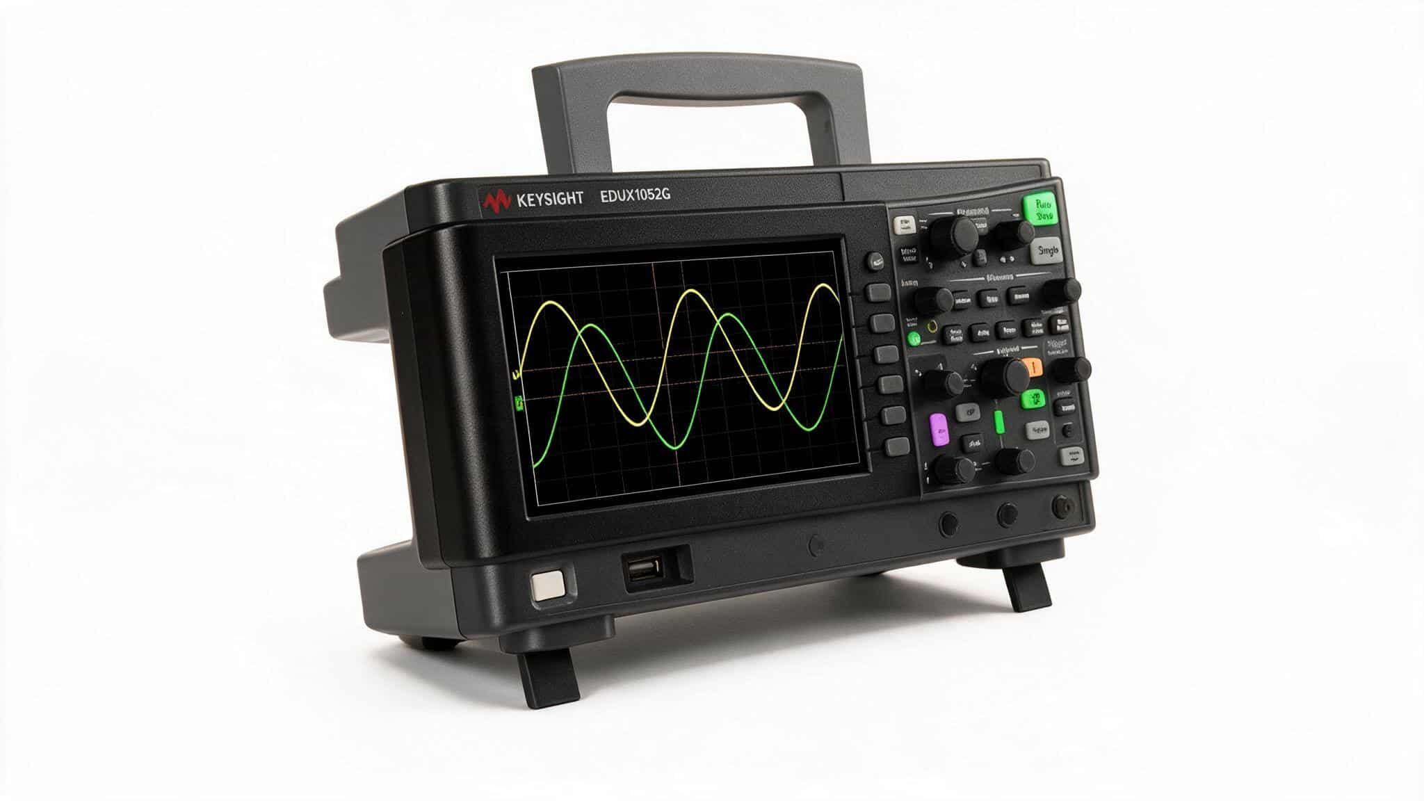 Máy hiện sóng Keysight EDUX1052G góc nghiêng trên nền trắng studio thấy cổng kết nối