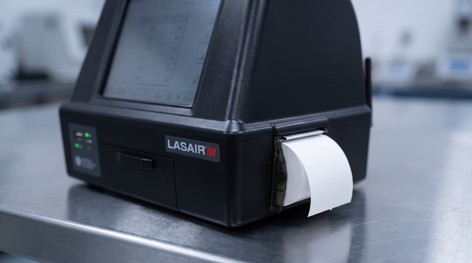 Cận cảnh mặt trước PMS Lasair III 310B — máy in nhiệt với cuộn giấy, cổng USB, đèn báo trạng thái và nhãn LASAIR III