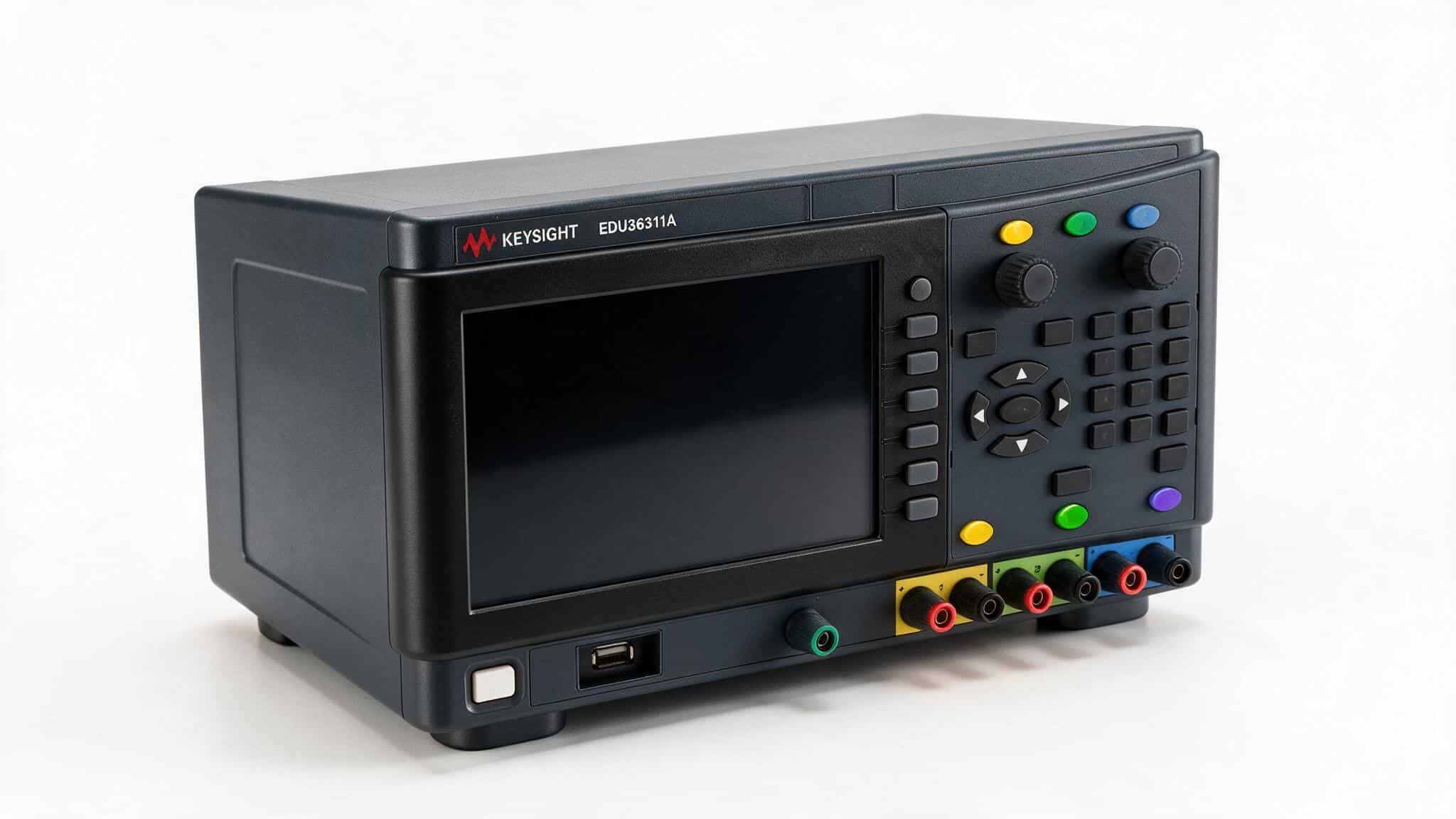Bộ nguồn DC 3 ngõ ra Smart Bench Keysight EDU36311A góc nghiêng nền trắng studio