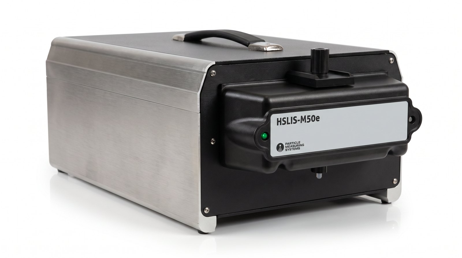 Cảm biến PMS HSLIS M50e chụp studio nền trắng — vỏ ngoài thép không gỉ chải xước, module mặt trước đen, nhãn HSLIS-M50e, đèn báo xanh và tay cầm đen trên đỉnh