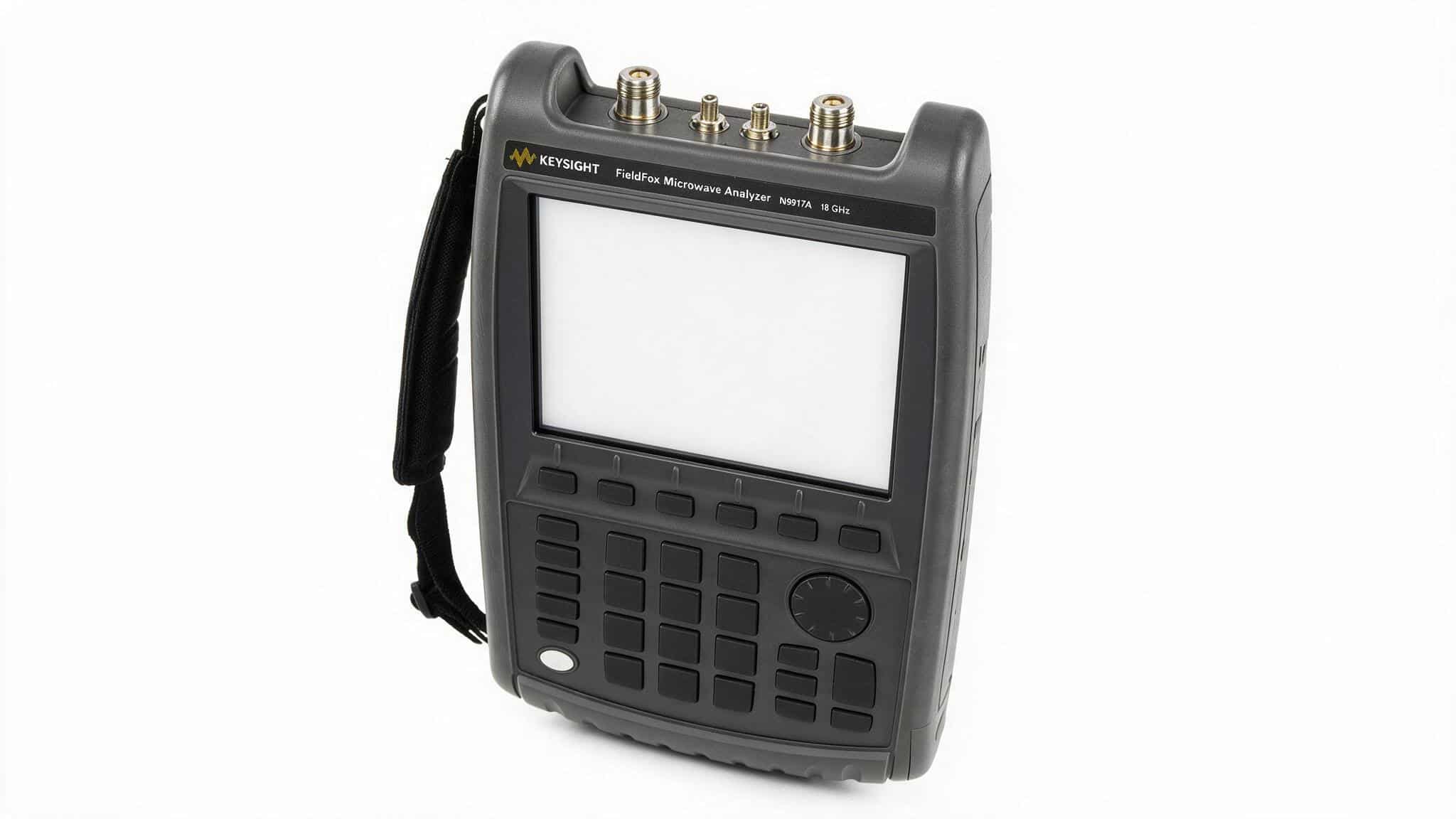 Keysight N9917A FieldFox góc nghiêng nền trắng studio thấy cụm cổng RF phía trên
