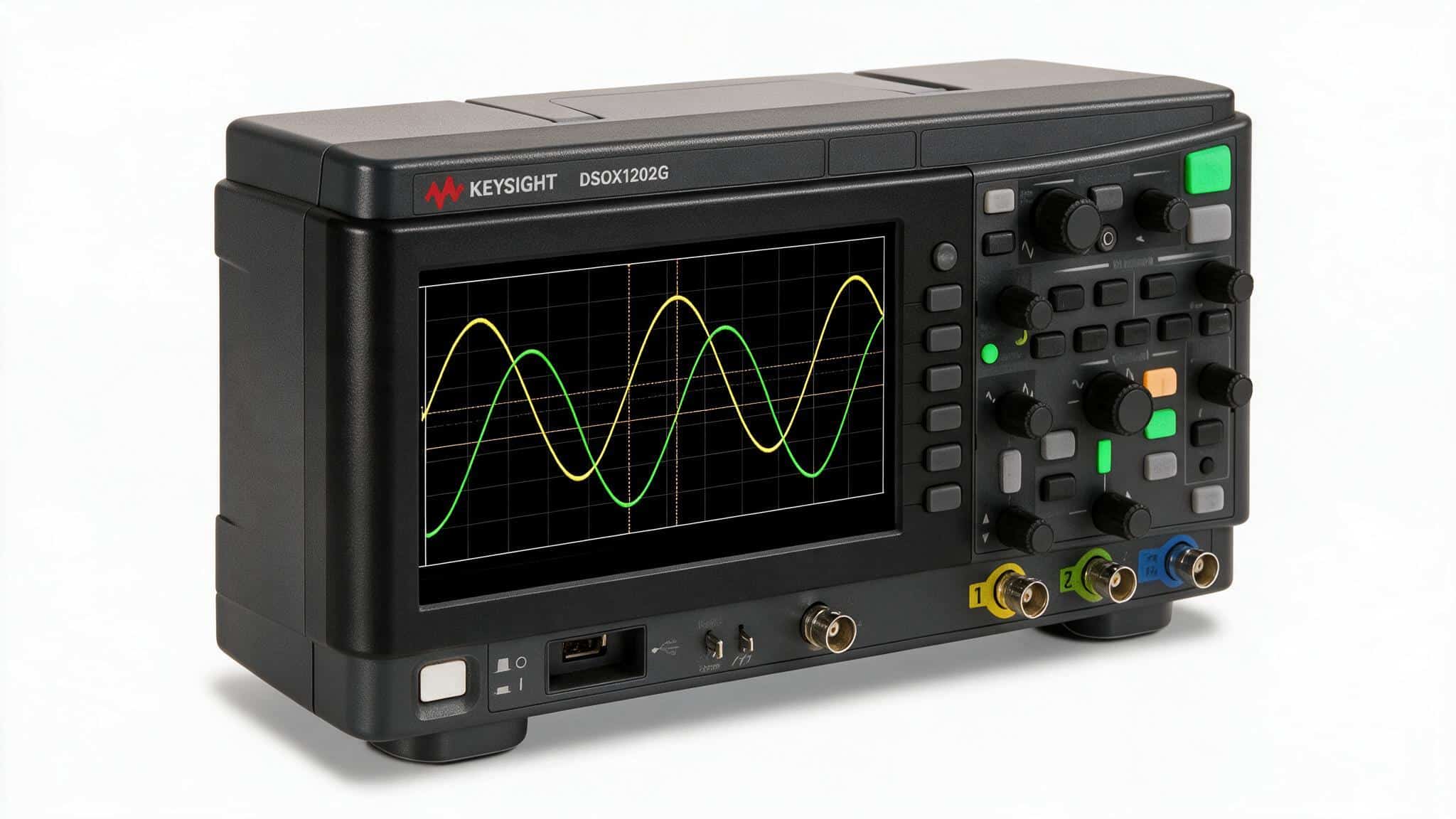 Máy hiện sóng Keysight DSOX1202G nhìn từ trên cao góc nghiêng nền trắng