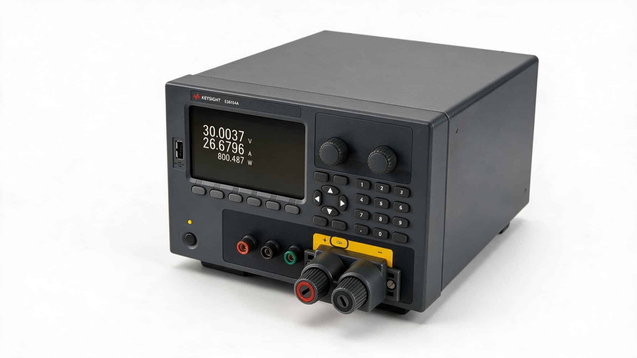 Bộ nguồn DC Keysight E36154A nhìn từ trên cao góc nghiêng nền trắng studio