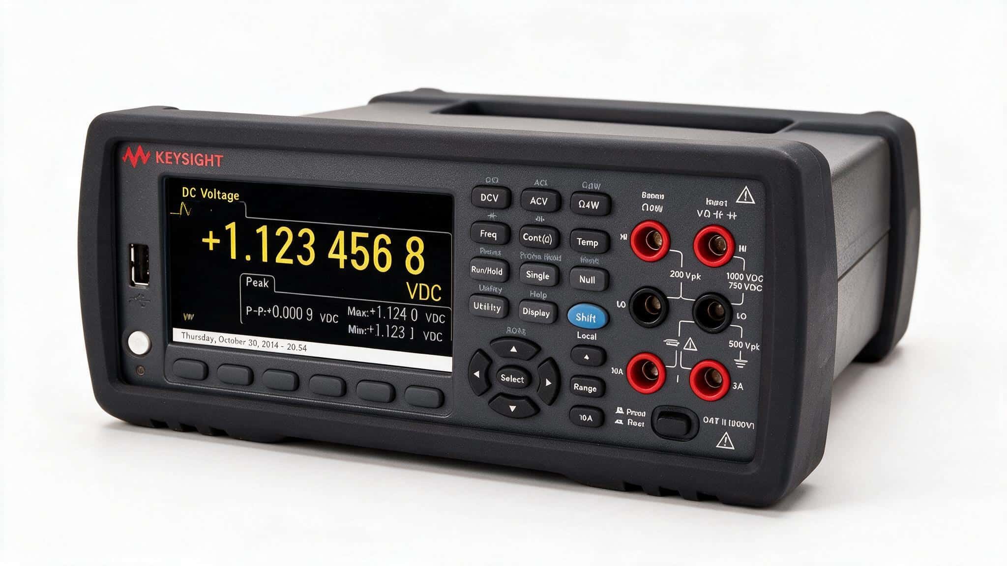Đồng hồ vạn năng để bàn Keysight 34470A chụp studio nền trắng góc nghiêng thấy cọc đo