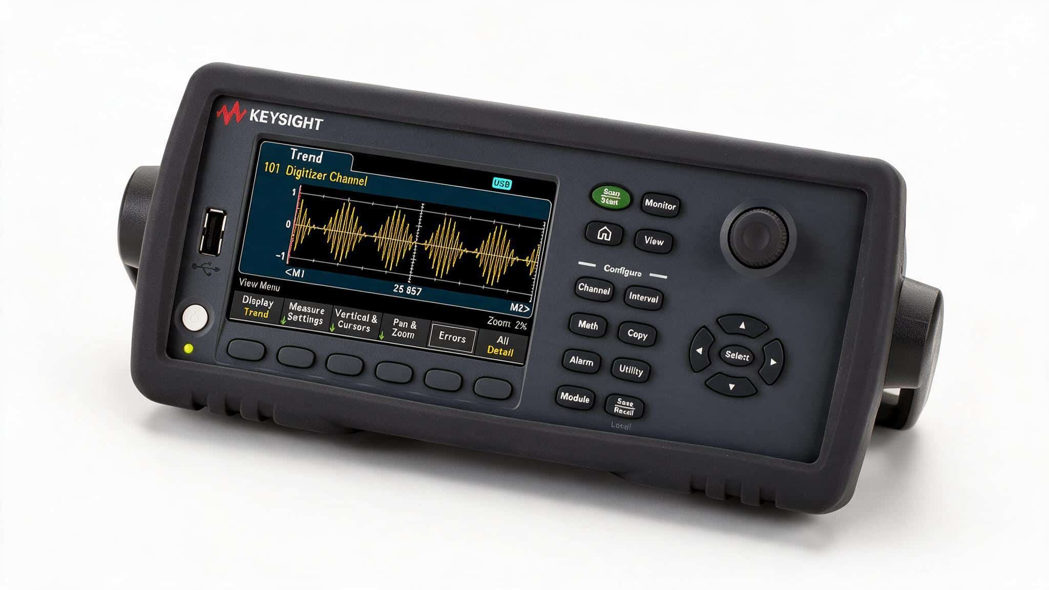 Hệ thống thu thập dữ liệu Keysight DAQ973A nhìn từ trên cao trên nền trắng studio
