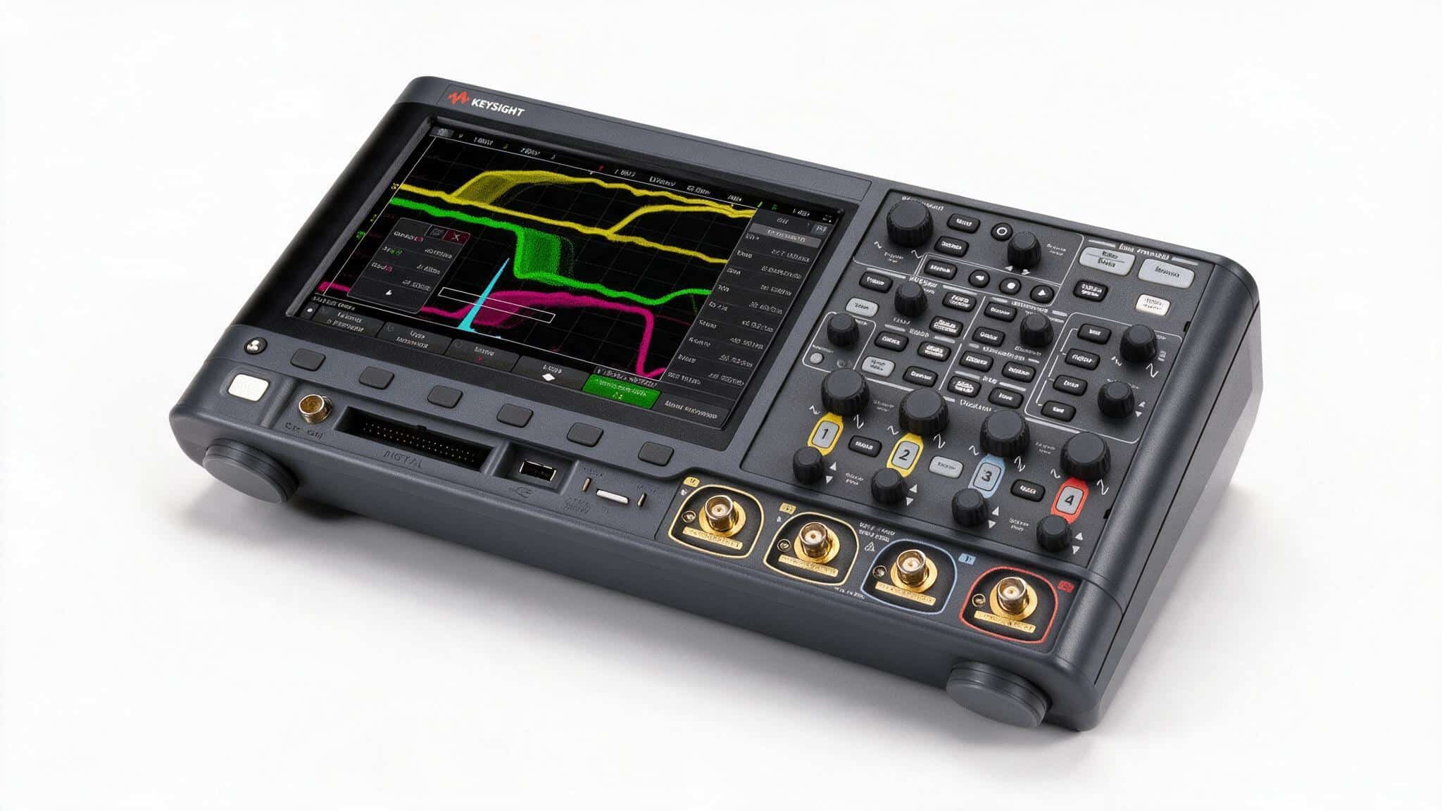 Máy hiện sóng Keysight DSOX3024G nhìn từ trên cao trên nền trắng studio