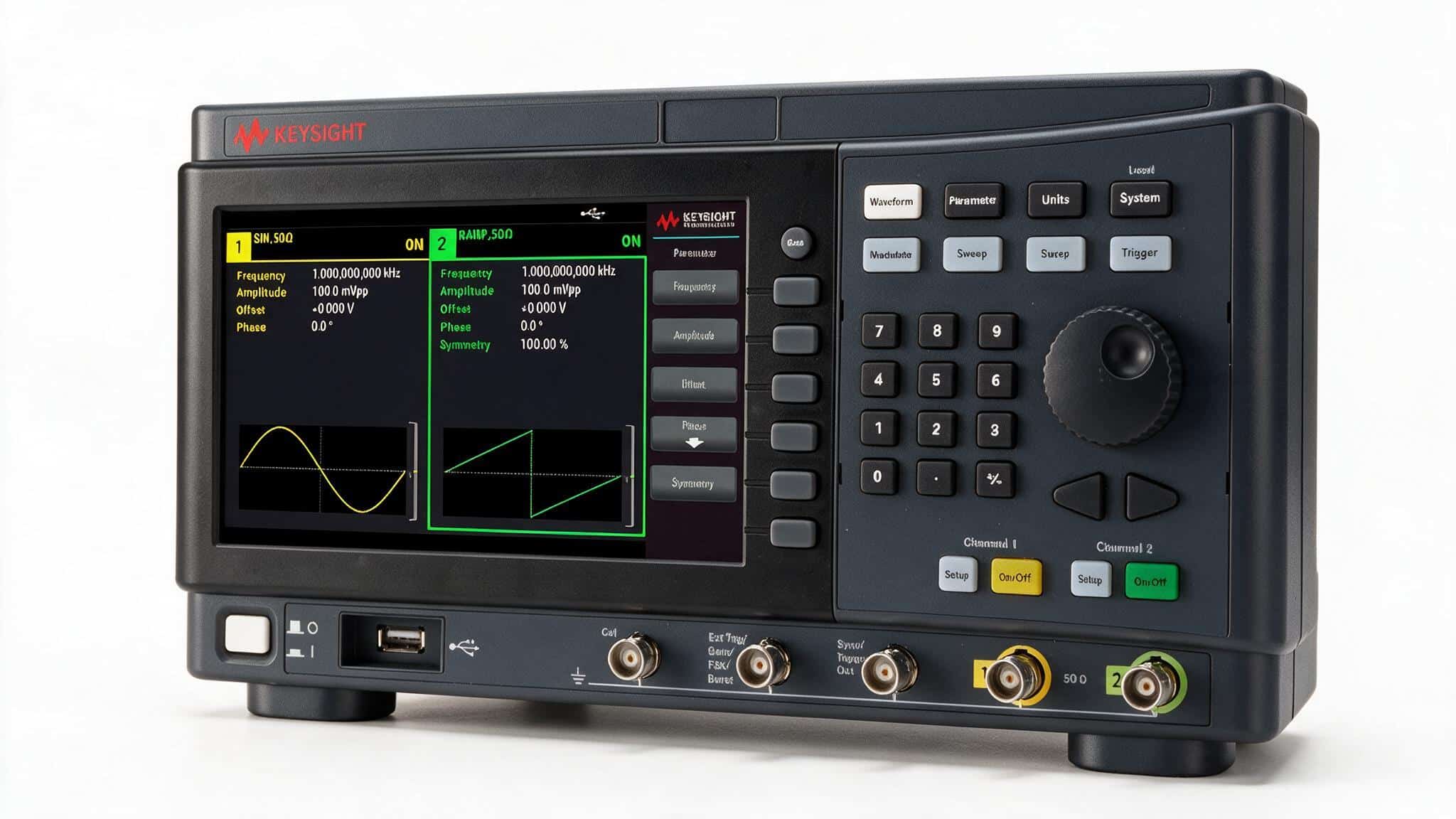 Máy phát sóng hàm Keysight EDU33212A chụp studio nền trắng góc nghiêng thấy hai ngõ ra BNC
