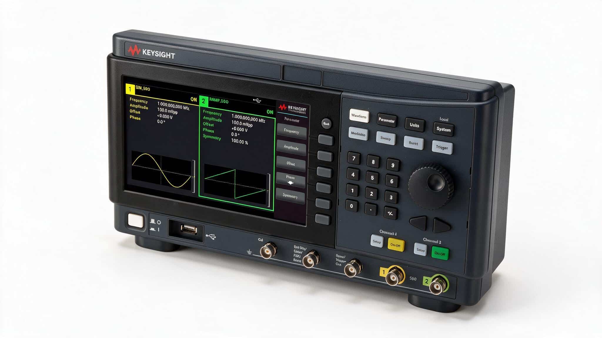 Máy phát sóng hàm Keysight EDU33212A nhìn từ trên cao trên nền trắng studio