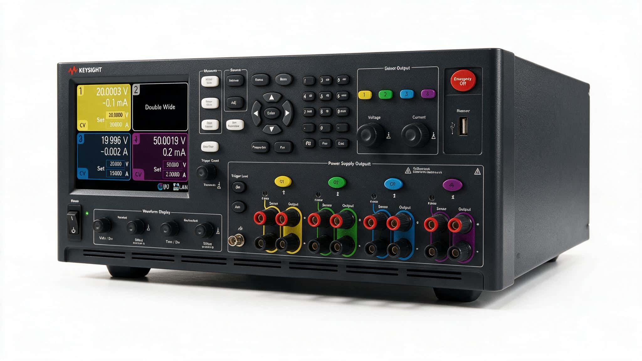 Máy phân tích nguồn DC Keysight N6705C chụp studio nền trắng góc nghiêng thấy cọc đấu ra