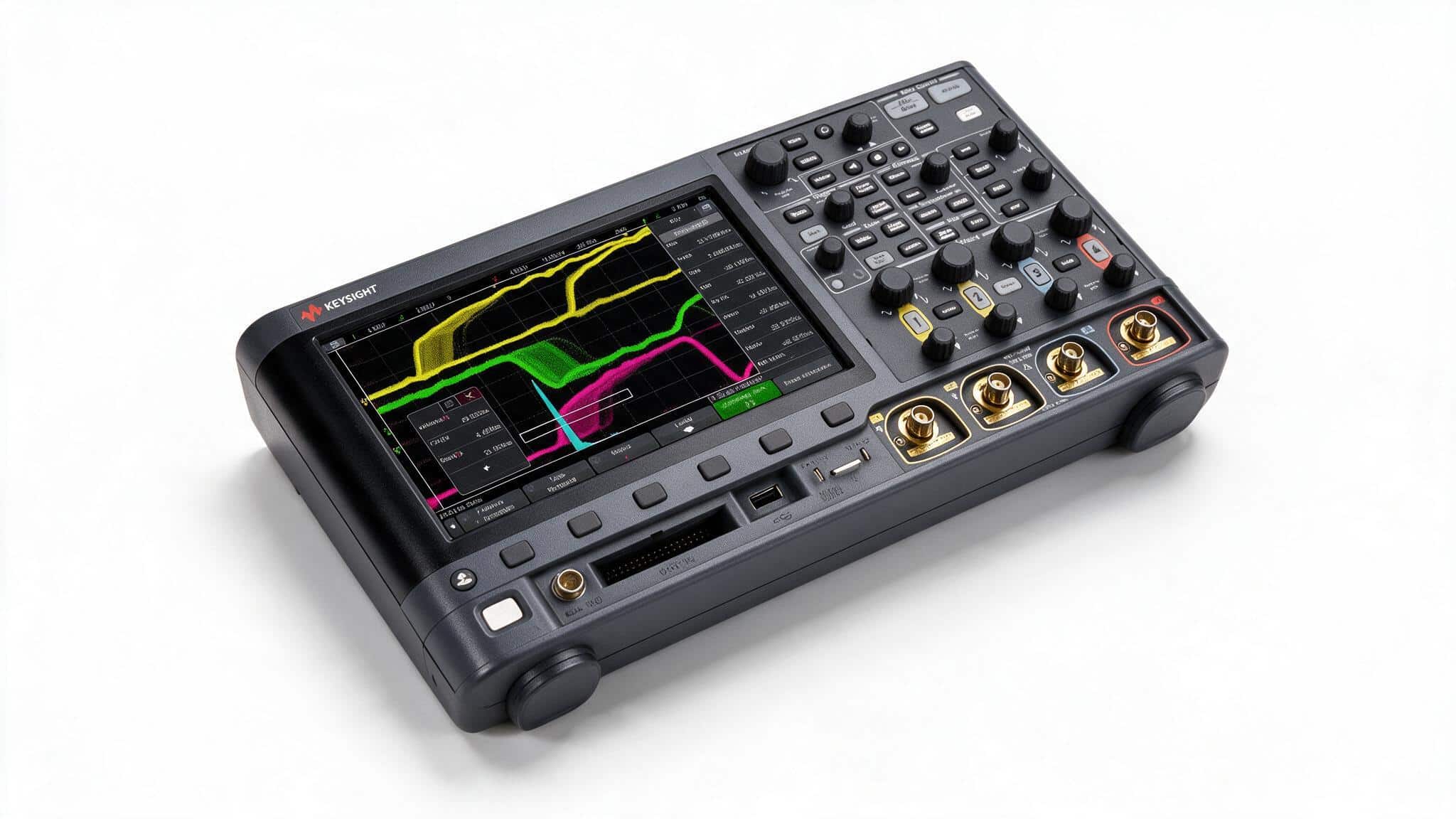 Máy hiện sóng Keysight MSOX3054G nhìn từ trên cao trên nền trắng studio