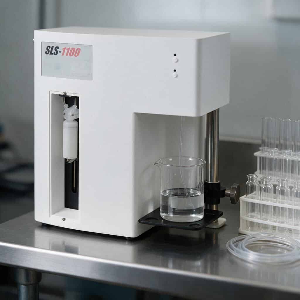 Máy lấy mẫu tiểu phân dung dịch PMS SLS 1100 trên bàn thép không gỉ trong phòng QC dược