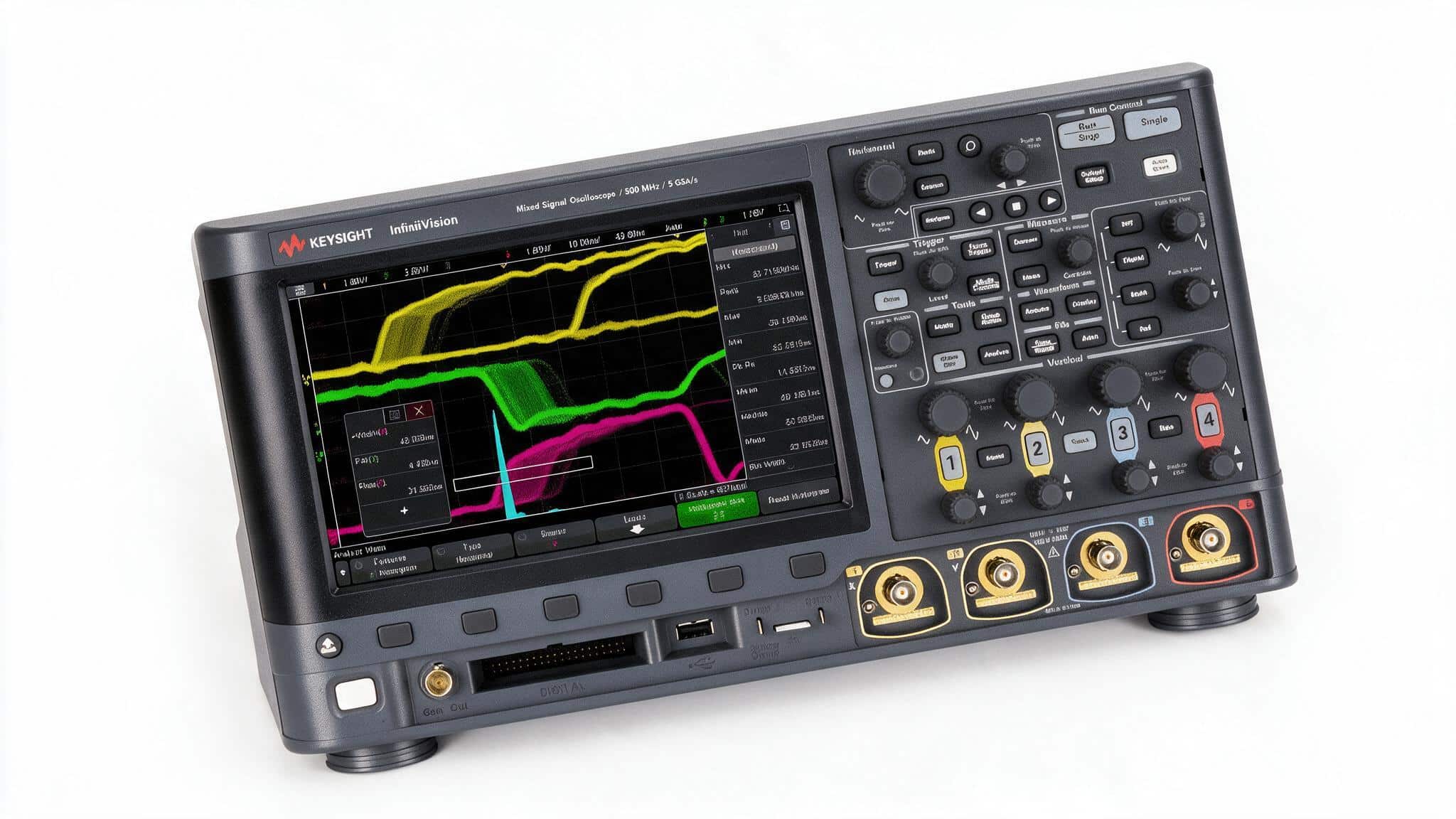 Máy hiện sóng Keysight MSOX3054G nhìn từ trên cao trên nền trắng studio