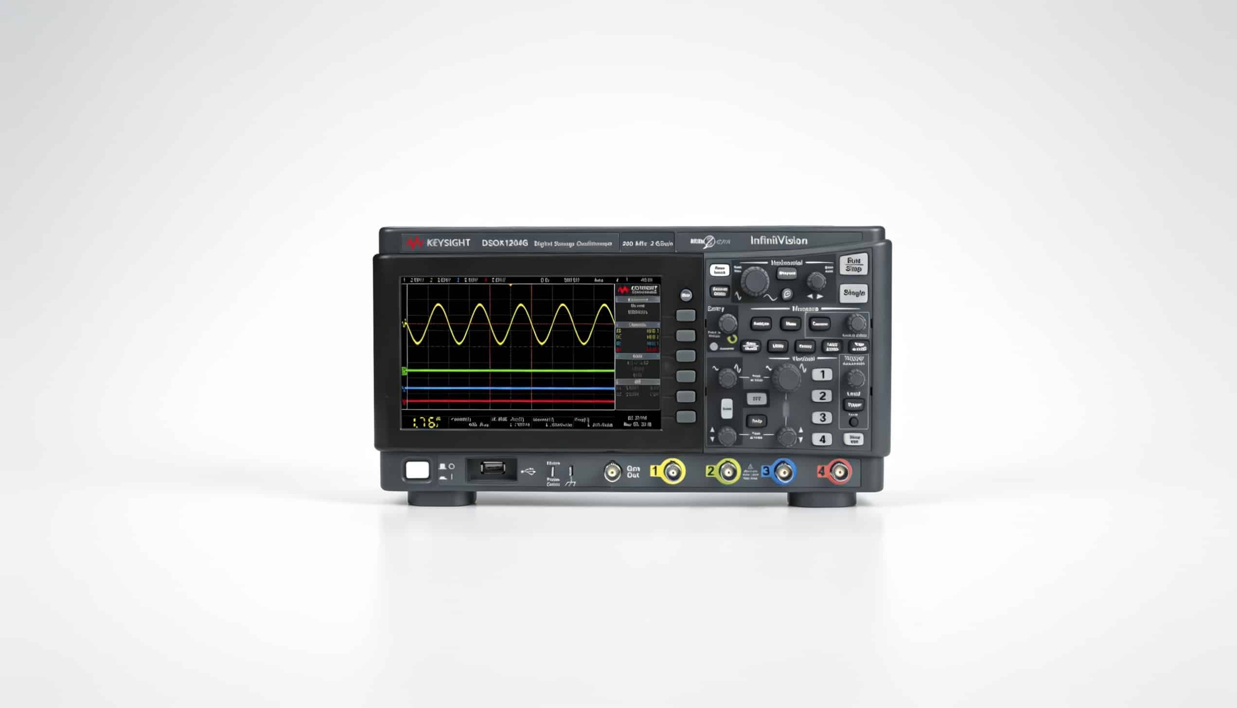 Máy hiện sóng Keysight DSOX1204G chính diện với màn hình dạng sóng trên nền trắng