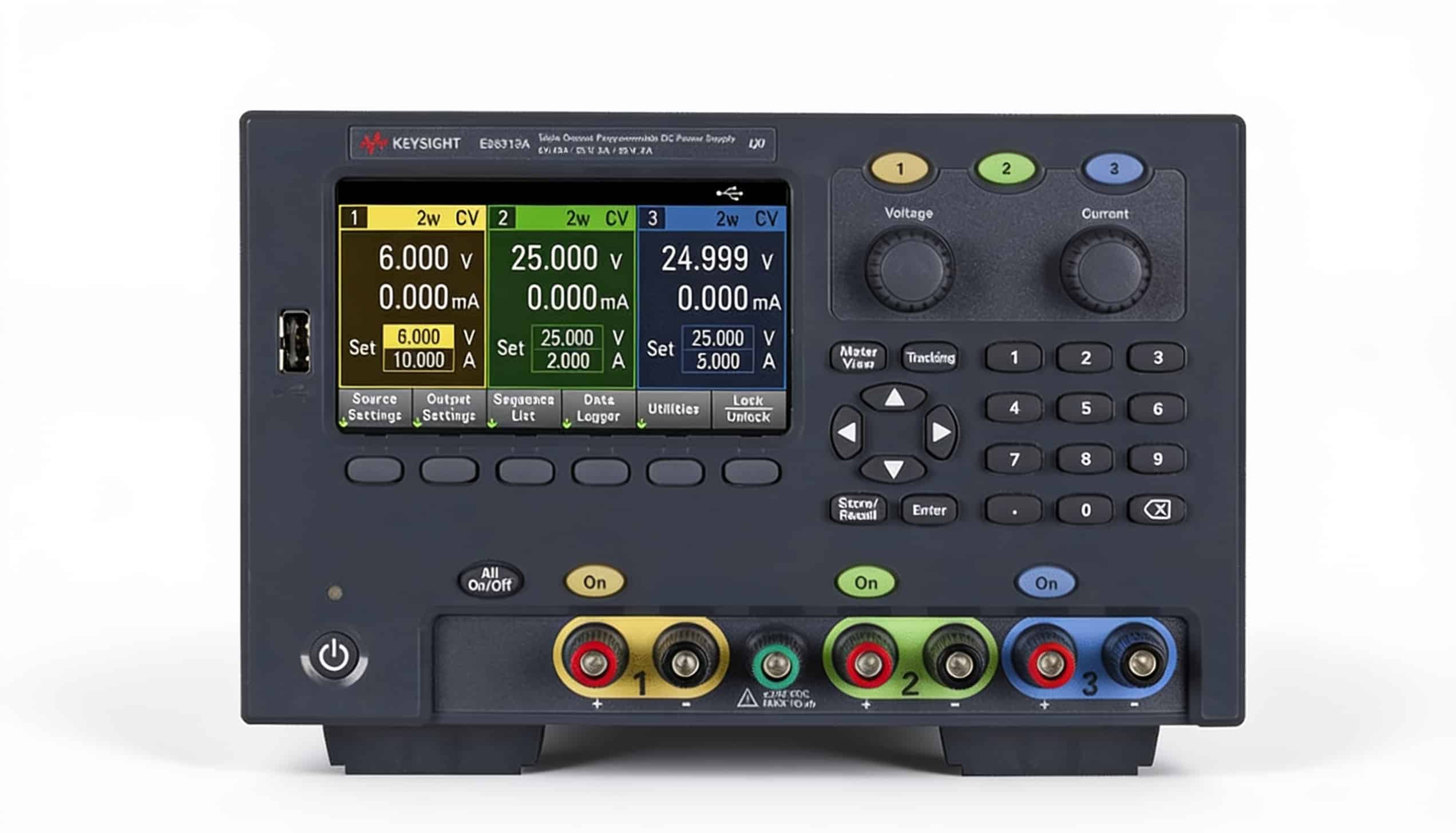 Bộ nguồn DC 3 ngõ ra Keysight E36313A chính diện trên nền trắng studio