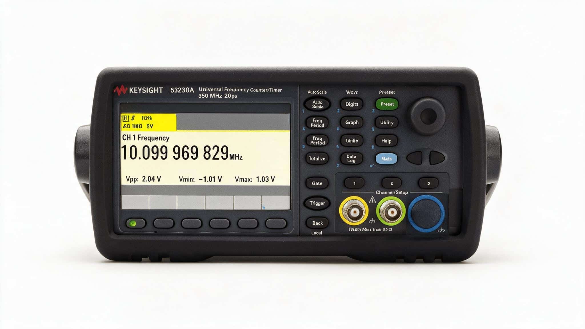 Máy Đếm Tần Keysight 53230A chính diện màn hình hiển thị tần số ảnh studio nền trắng