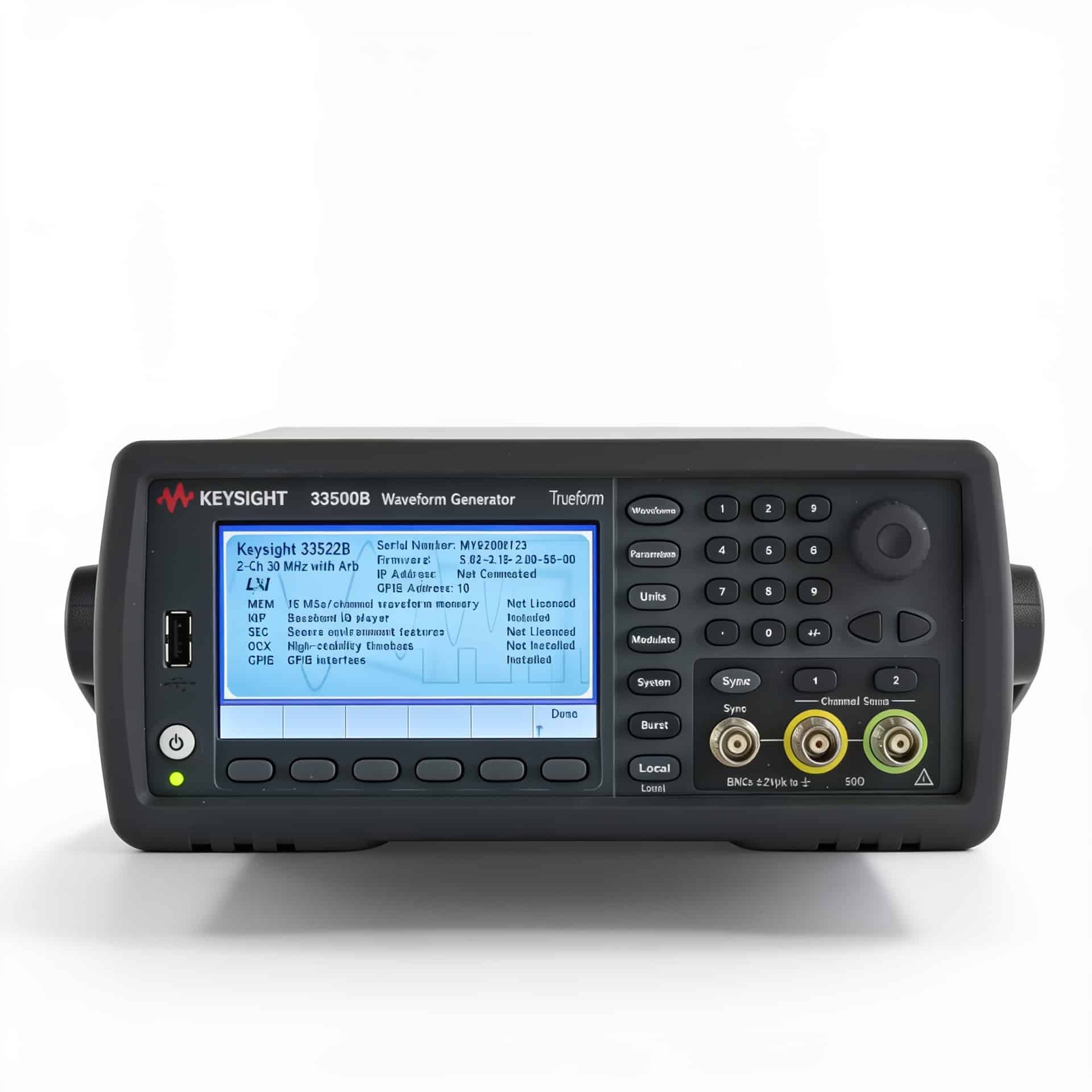 Máy phát hàm Trueform Keysight 33500B chính diện màn hình màu trên nền trắng studio