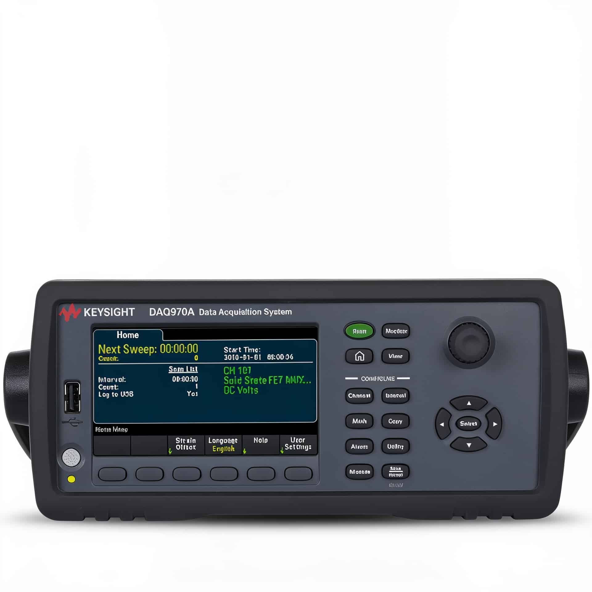 Hệ thống thu thập dữ liệu Keysight DAQ970A ba khe module chính diện trên nền trắng studio