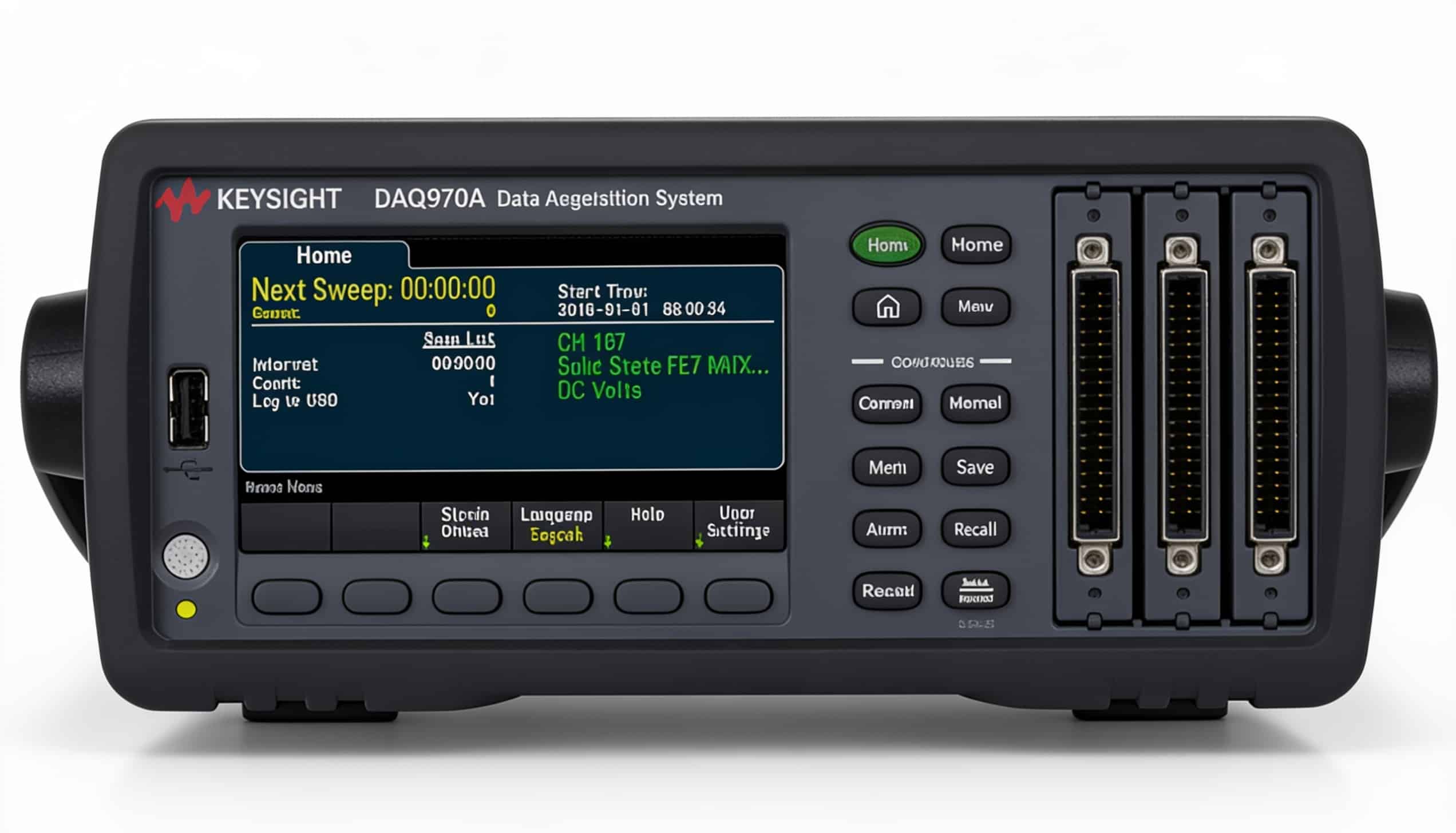 Hệ thống thu thập dữ liệu Keysight DAQ970A ba khe module chính diện trên nền trắng studio